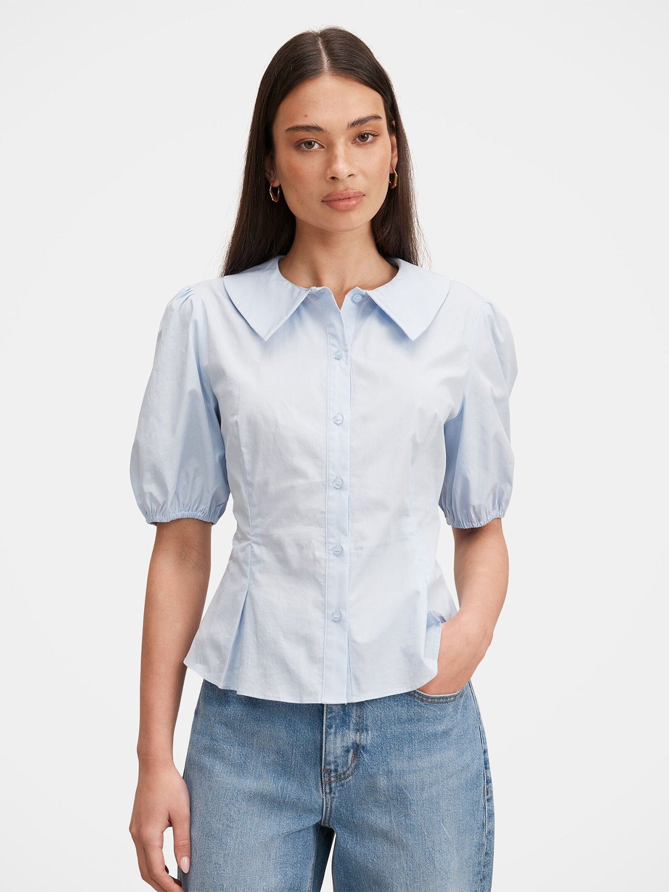 Forever New Gracie Bubble Sleeve Shirt Blue