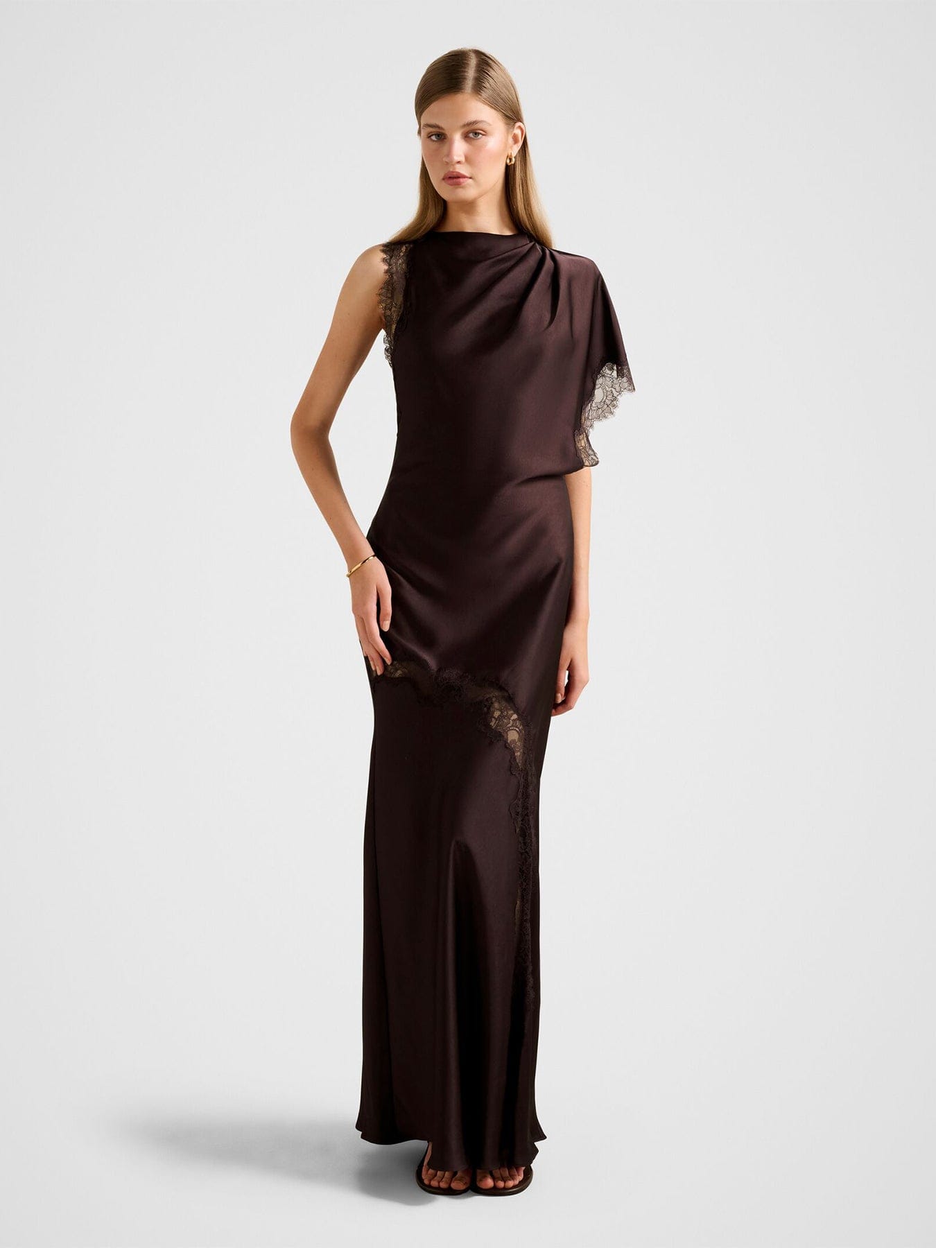 Forever New Kody Satin Lace Asymmetric Dress Brown