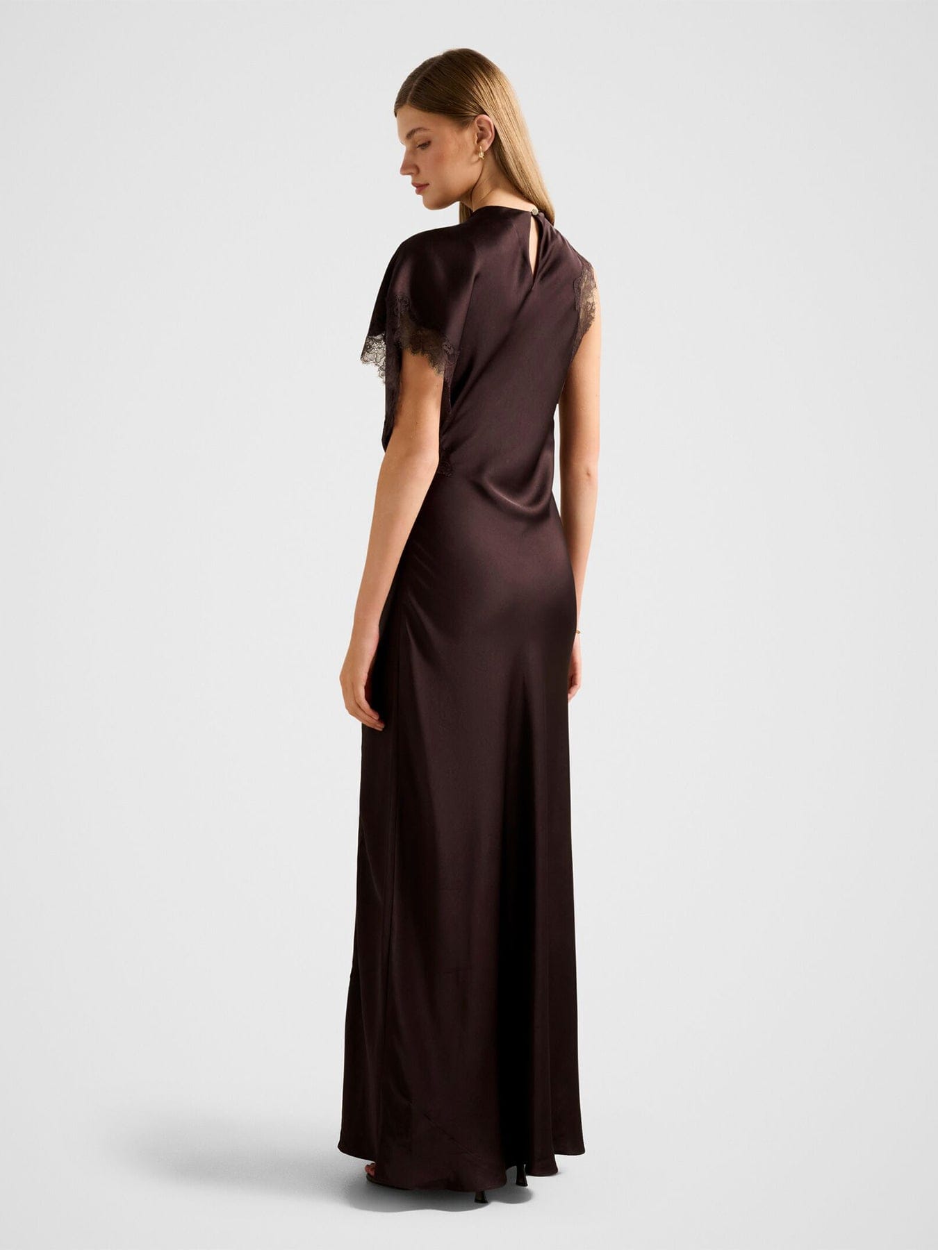Forever New Kody Satin Lace Asymmetric Dress Brown
