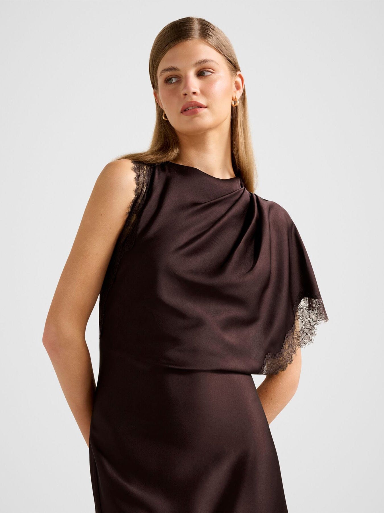 Forever New Kody Satin Lace Asymmetric Dress Brown
