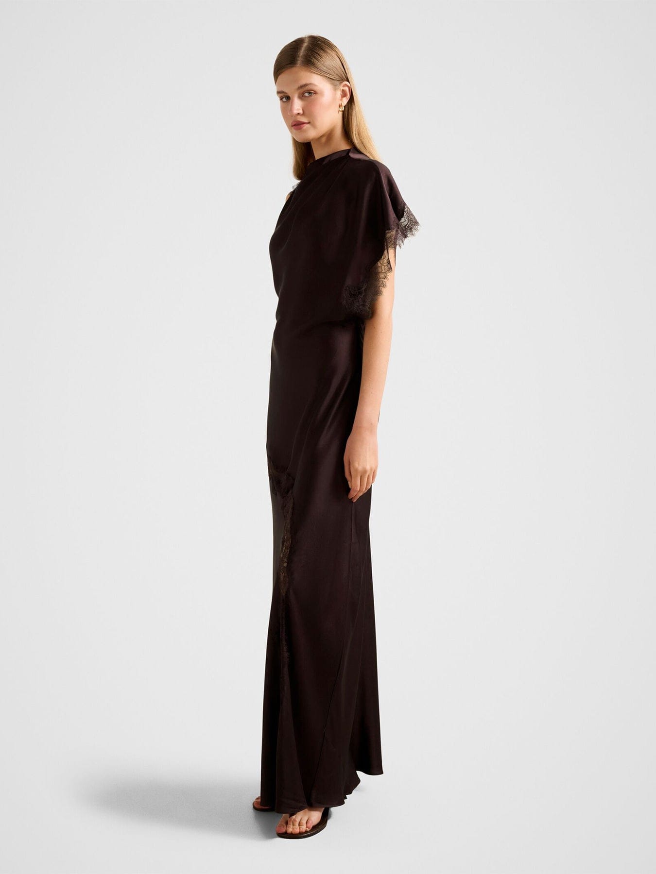 Forever New Kody Satin Lace Asymmetric Dress Brown