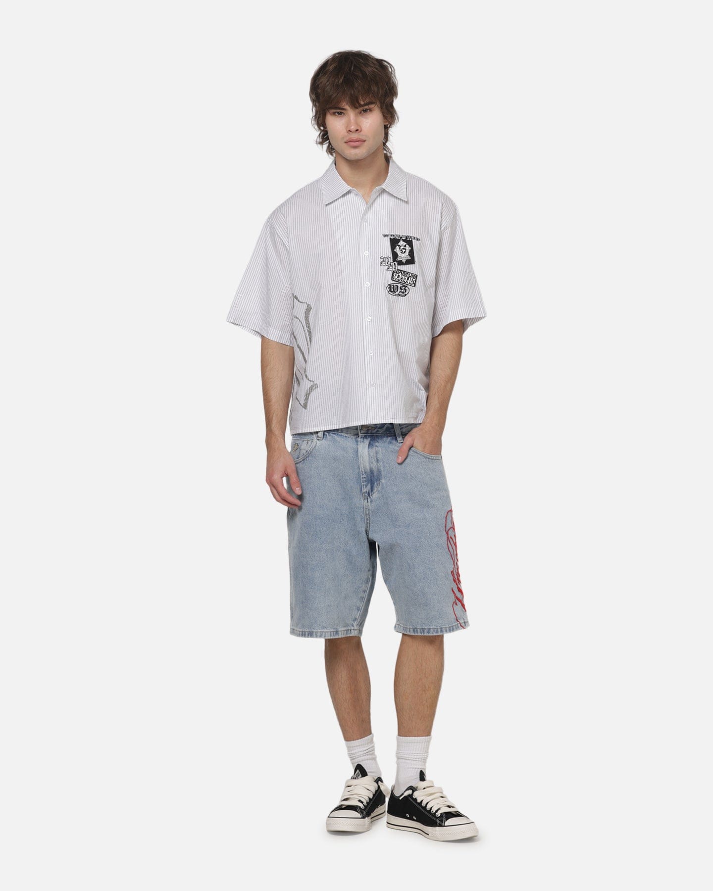 Worship Restraint Box Crop Shirt White Pinstripe
