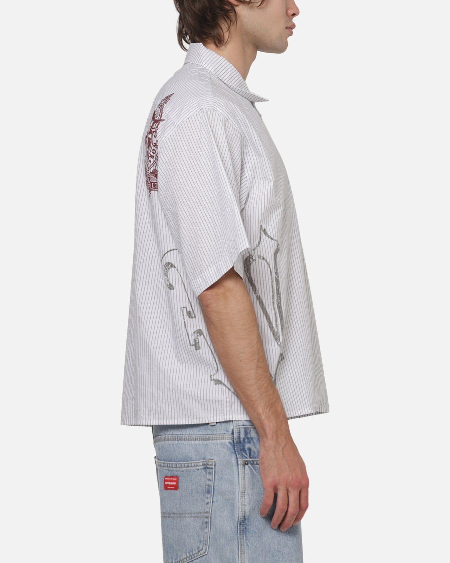 Worship Restraint Box Crop Shirt White Pinstripe