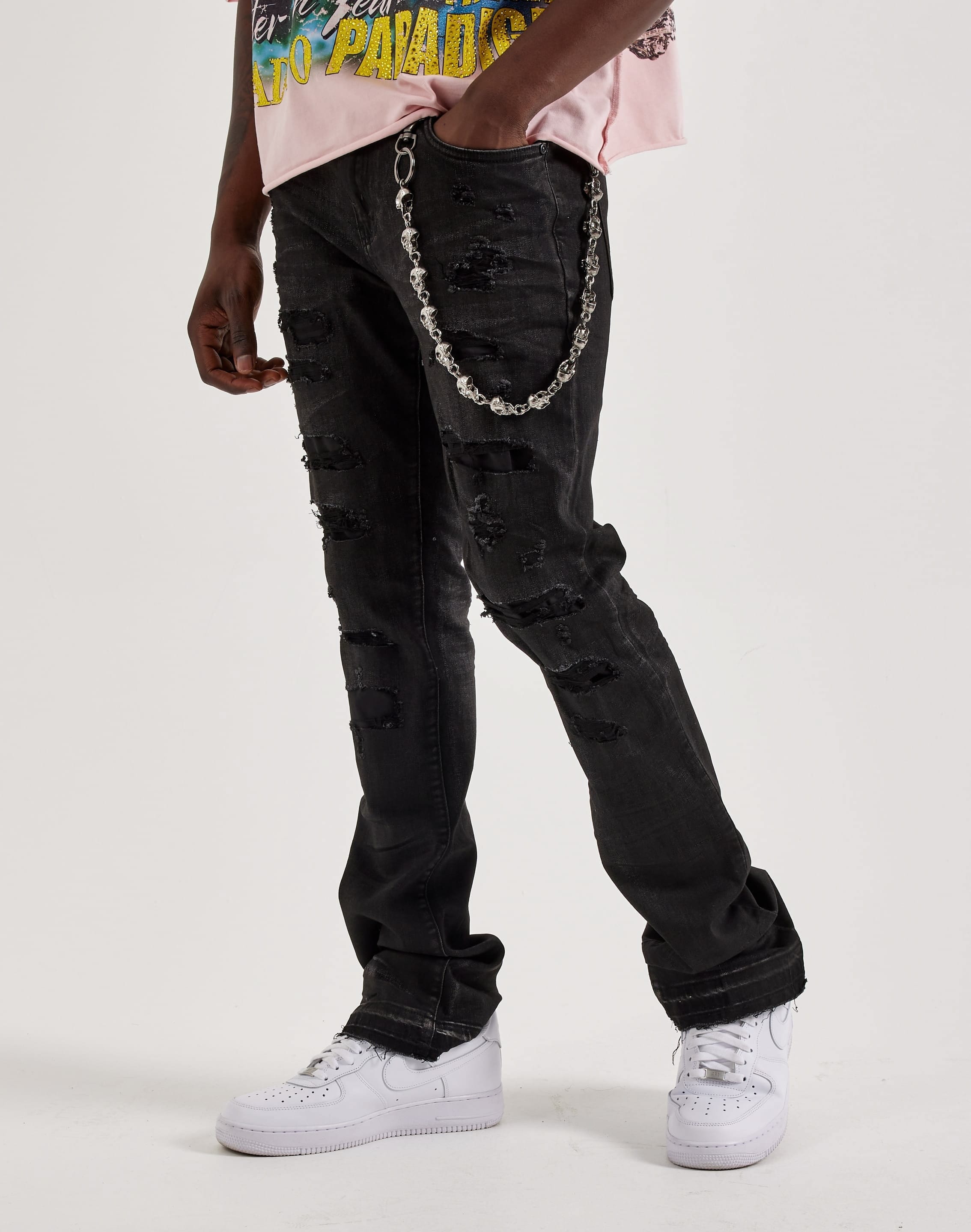 Waimea Stacked Distressed Skull Chain Denim Jeans