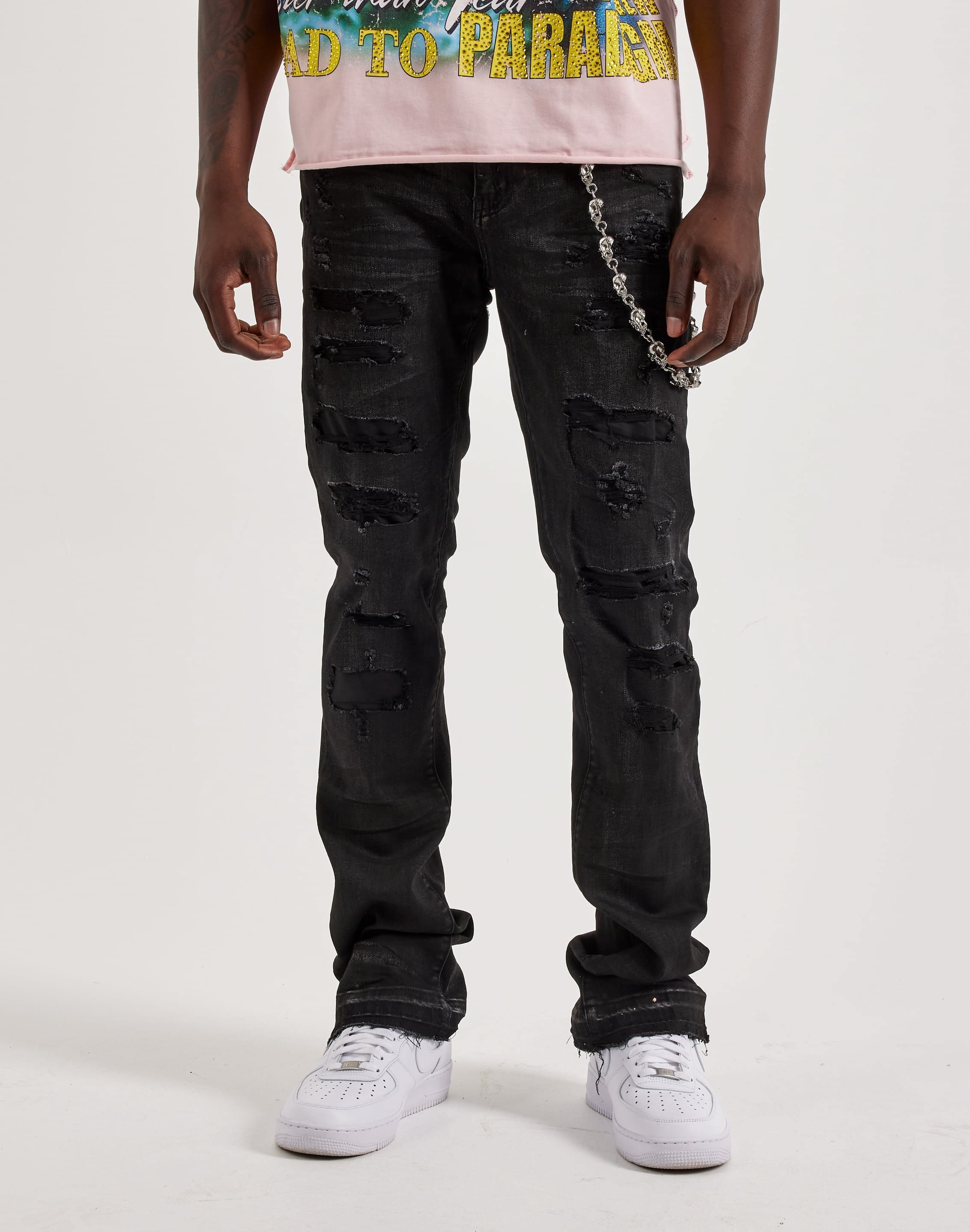 Waimea Stacked Distressed Skull Chain Denim Jeans