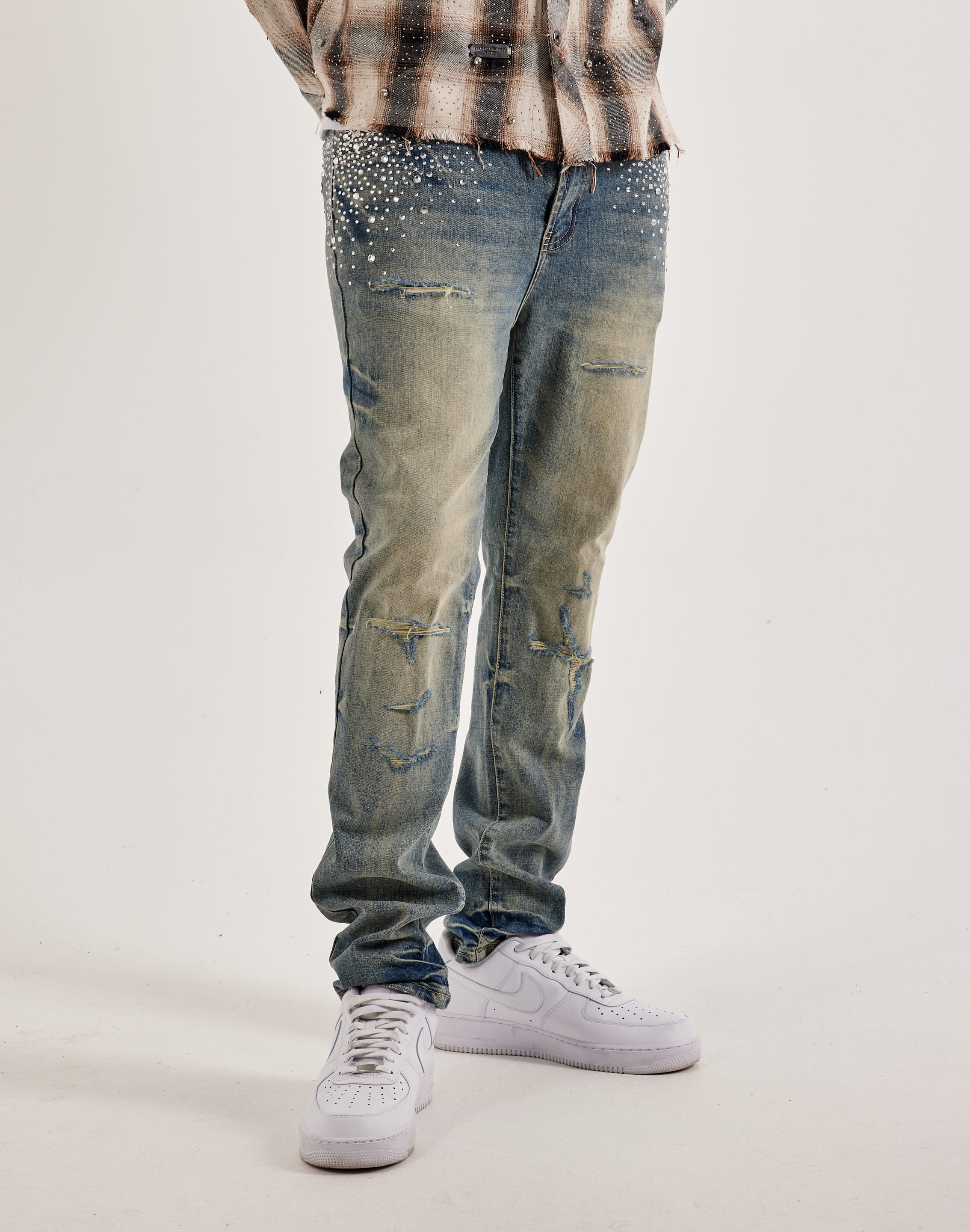 Preme Stacked Rhinestone Distressed Denim Jeans