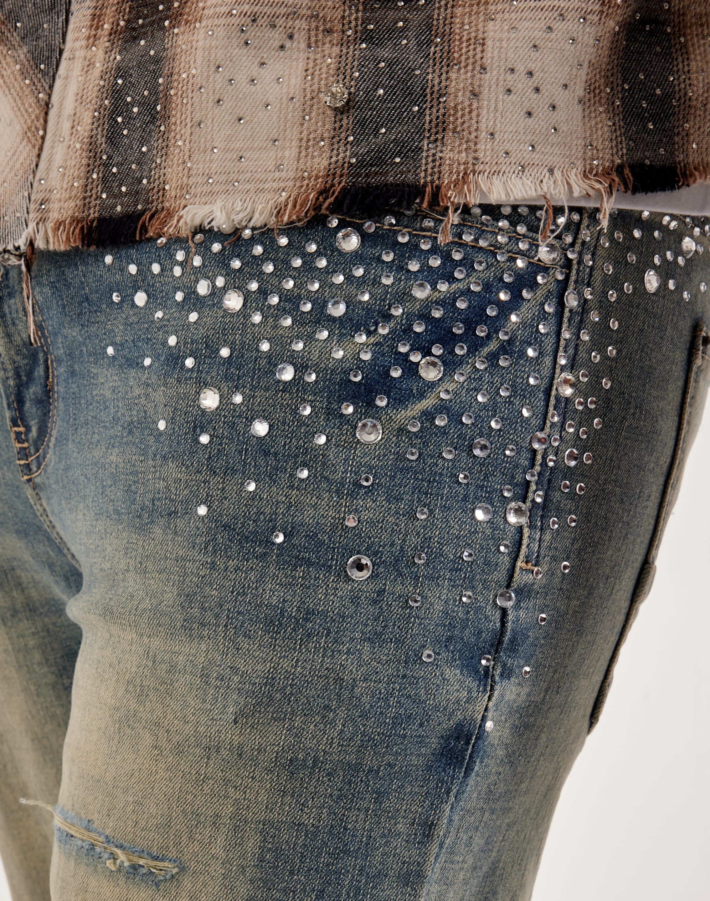 Preme Stacked Rhinestone Distressed Denim Jeans