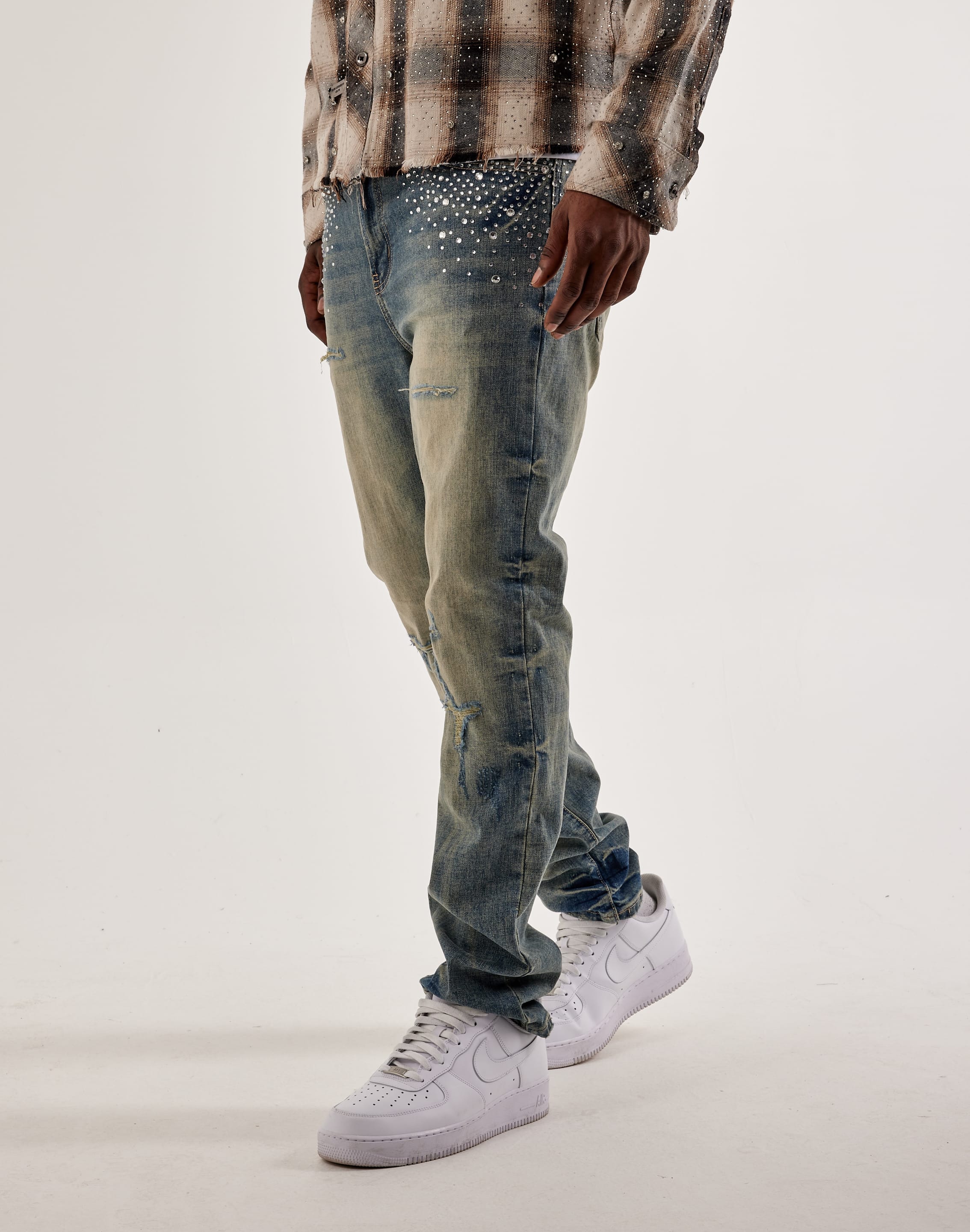 Preme Stacked Rhinestone Distressed Denim Jeans