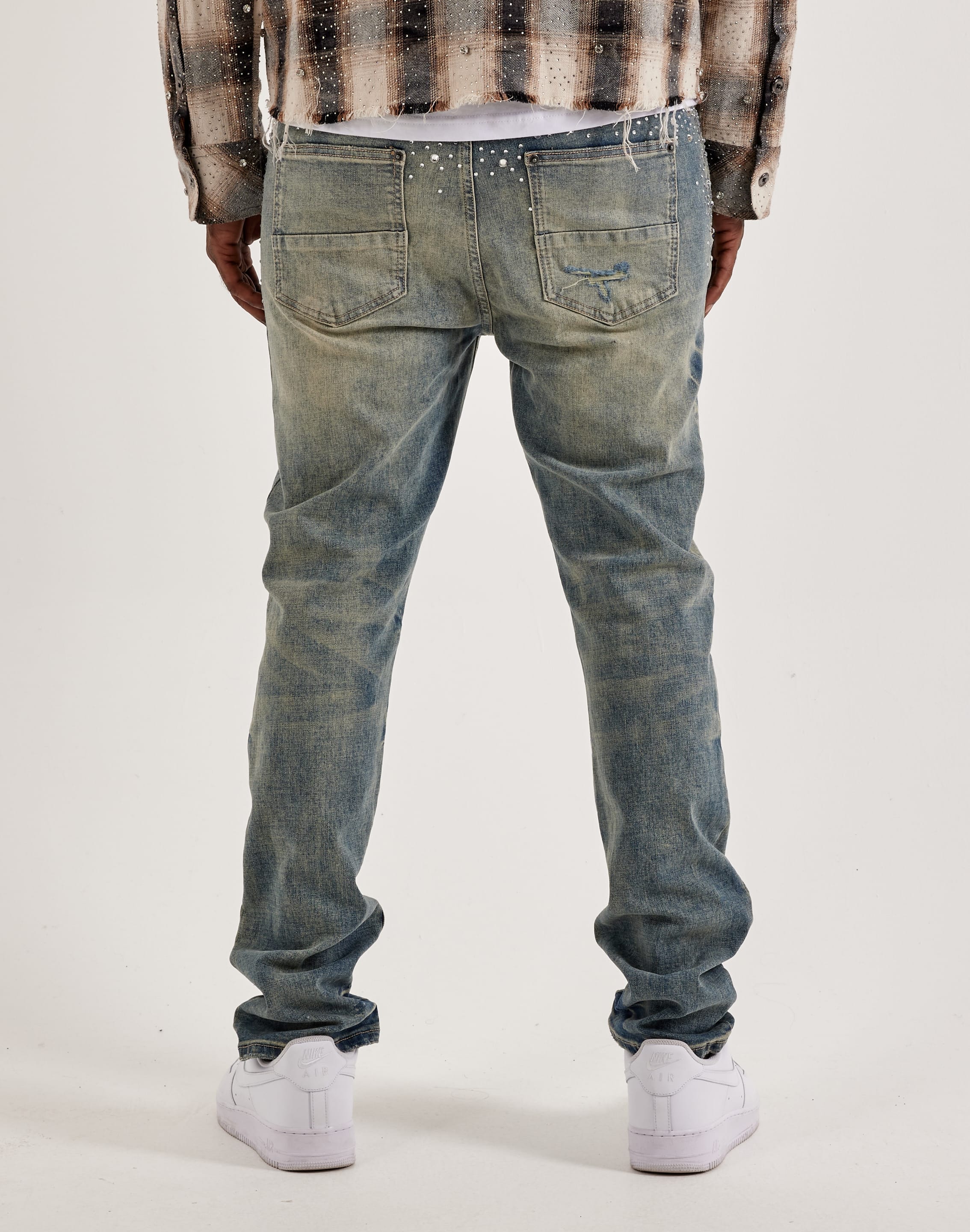 Preme Stacked Rhinestone Distressed Denim Jeans
