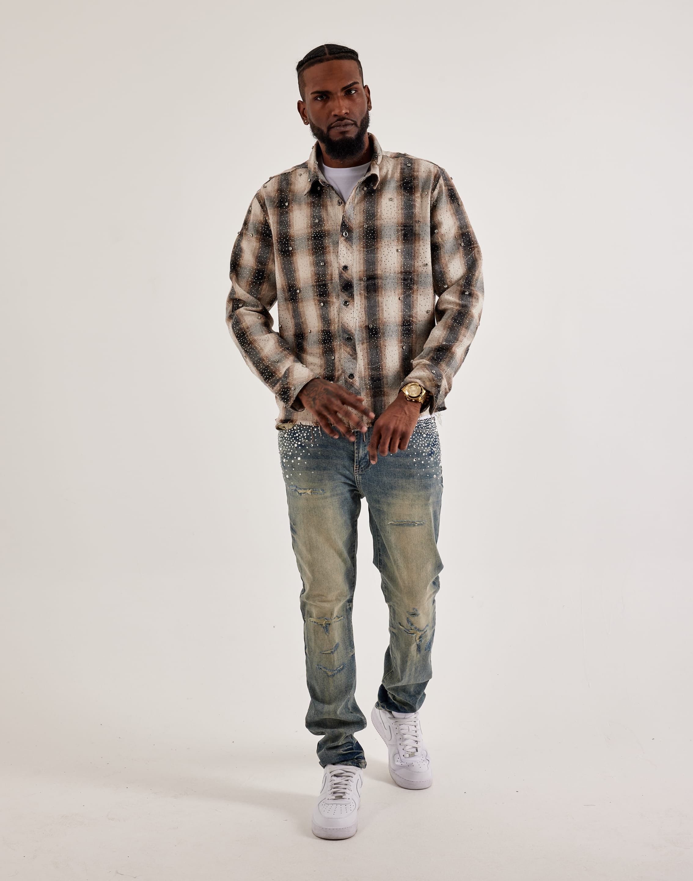 Preme Stacked Rhinestone Distressed Denim Jeans