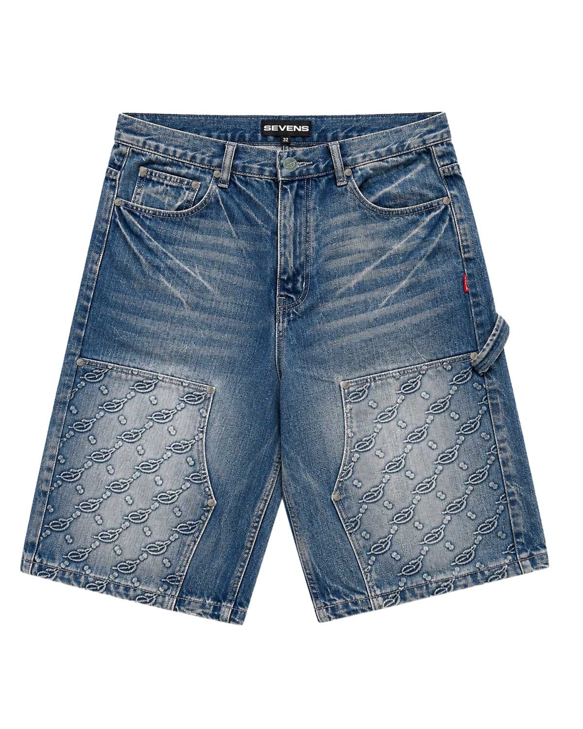 Triple Sevens Monogram Denim Shorts Blue