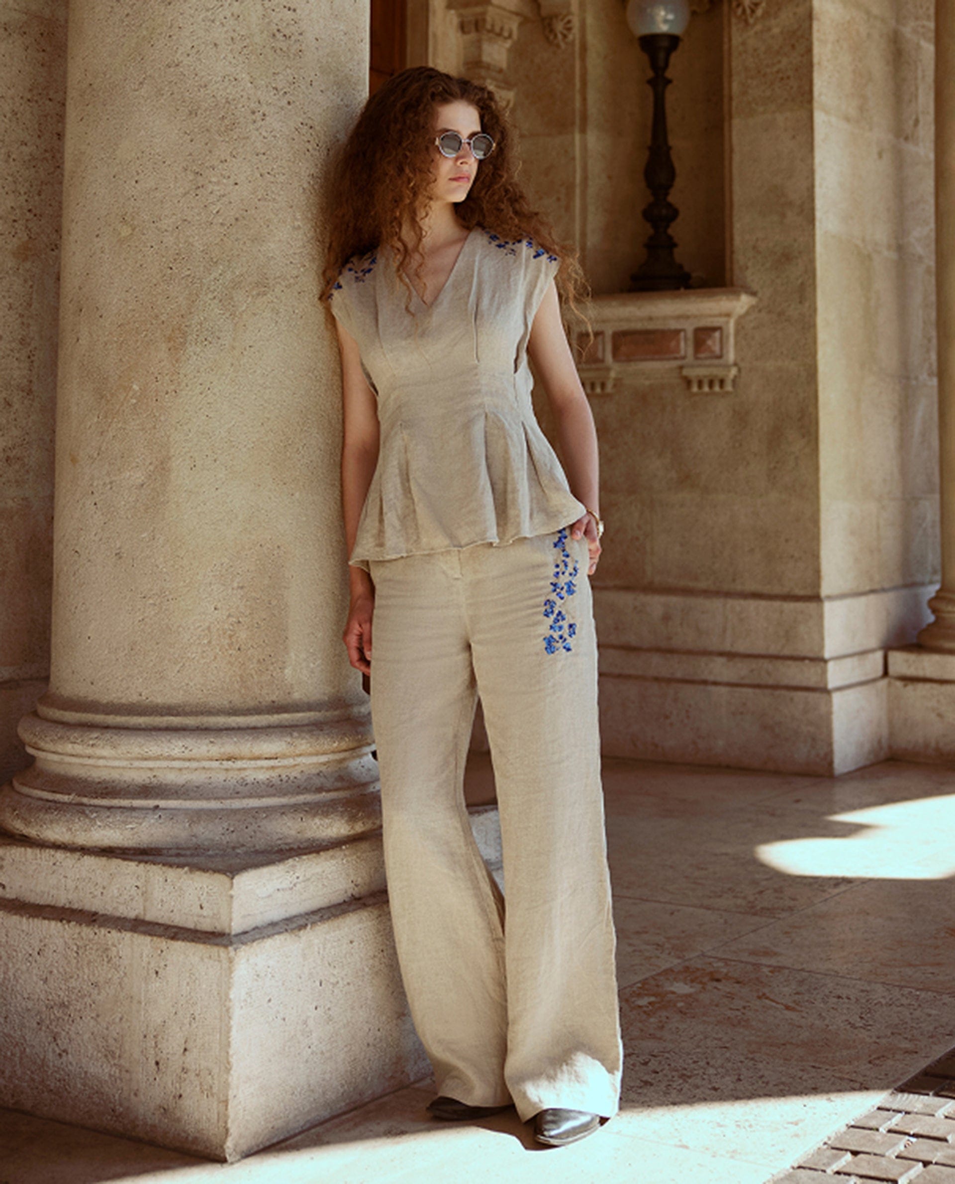 Rareism Women's Rubin - B Dusky Beige 100% Linen Button And Zip Wide Leg Plain Trouser