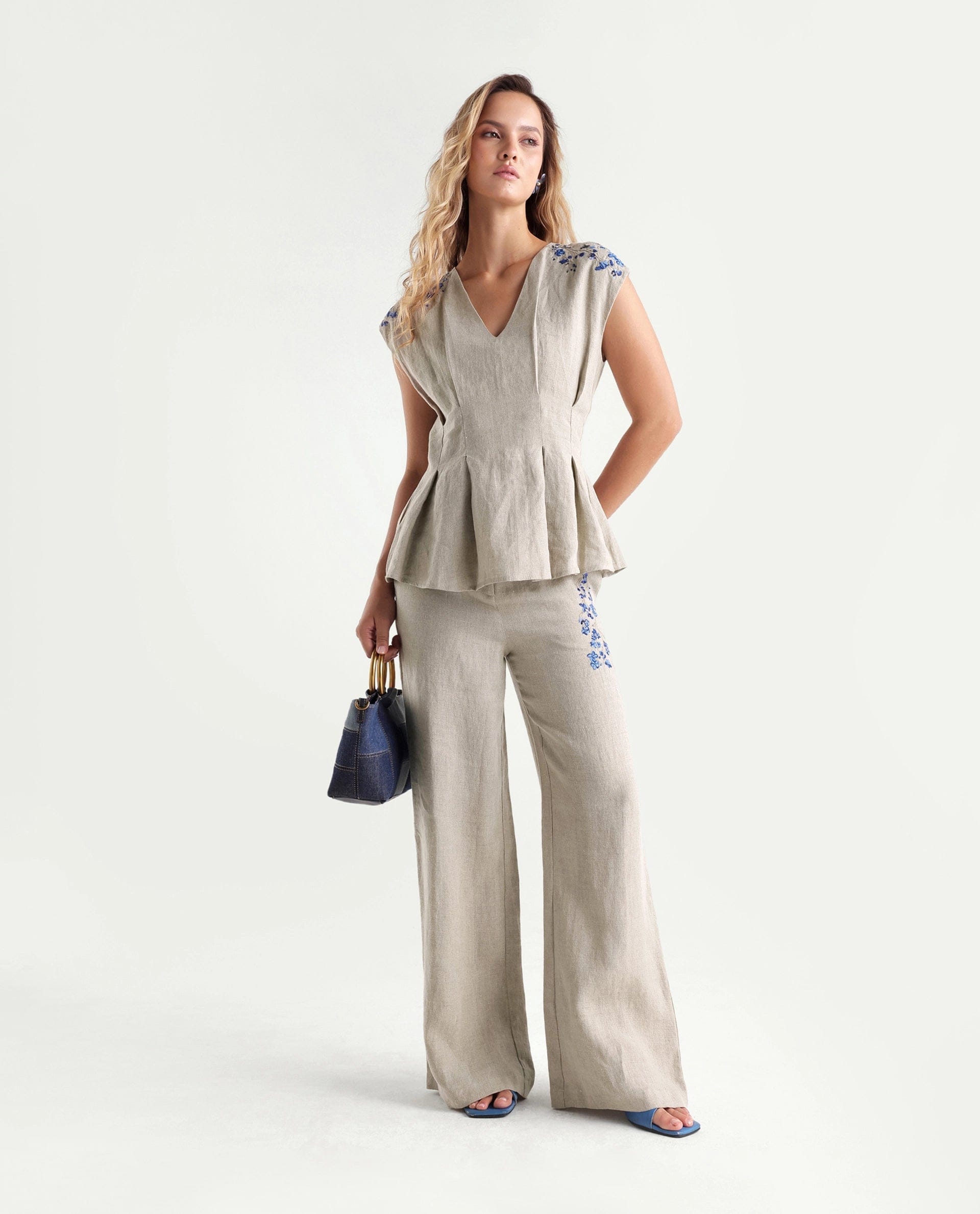 Rareism Women's Rubin - B Dusky Beige 100% Linen Button And Zip Wide Leg Plain Trouser
