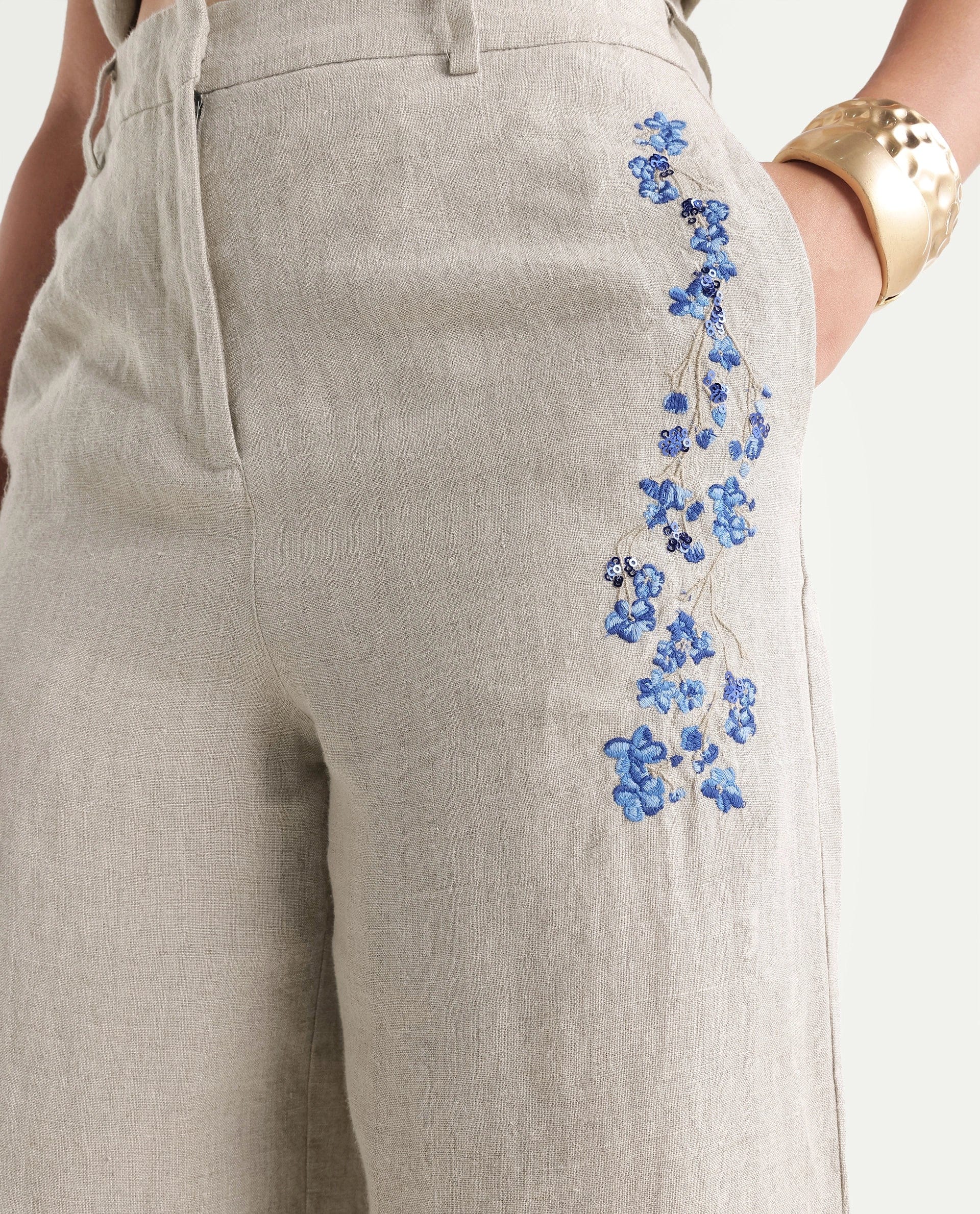 Rareism Women's Rubin - B Dusky Beige 100% Linen Button And Zip Wide Leg Plain Trouser