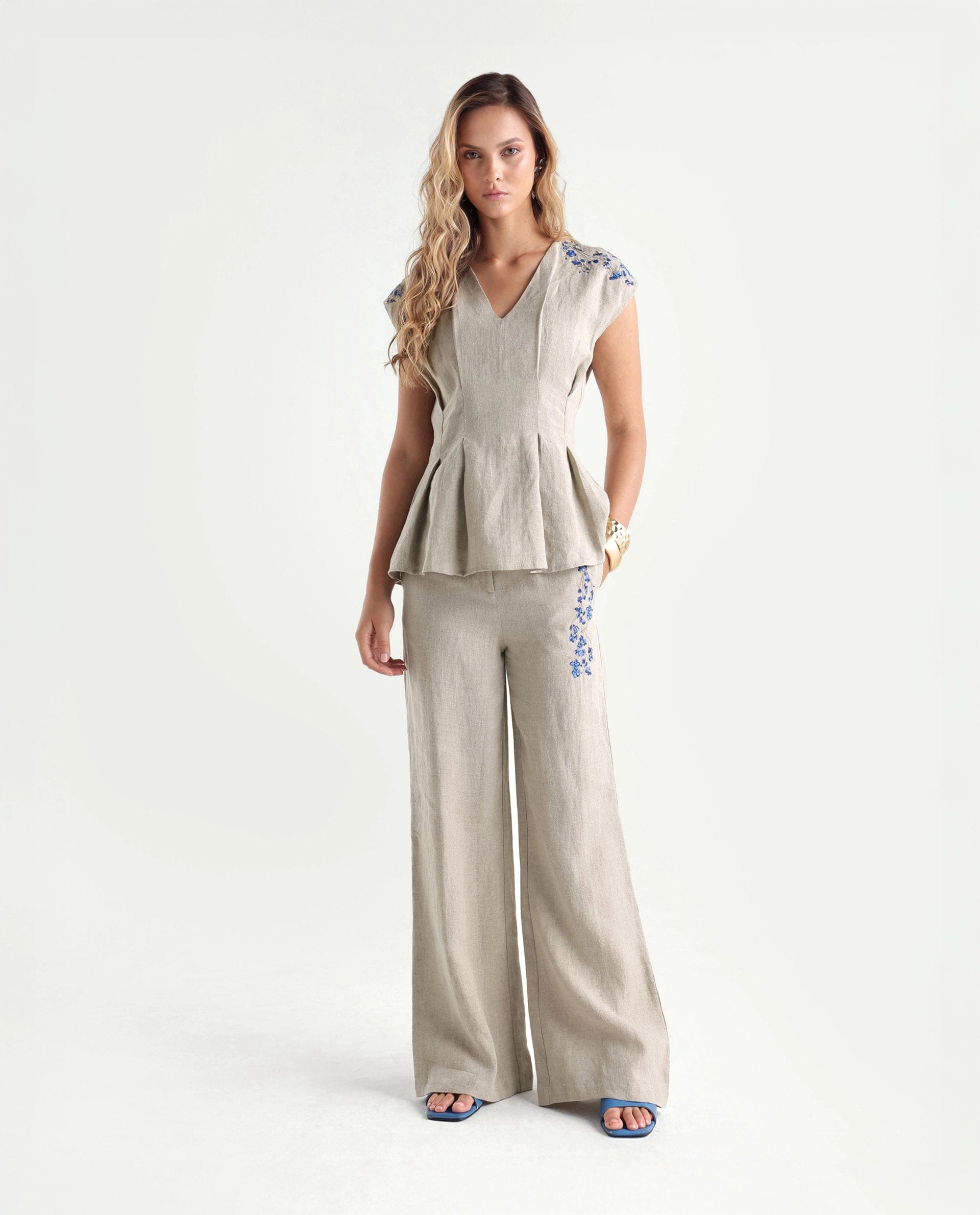 Rareism Women's Rubin - B Dusky Beige 100% Linen Button And Zip Wide Leg Plain Trouser
