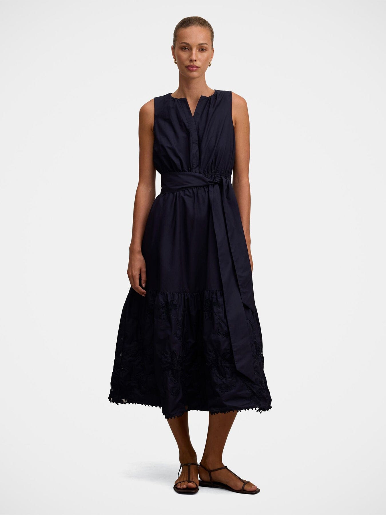 Forever New Evie Sleeveless Embroidered Tie Midi Dress Blue