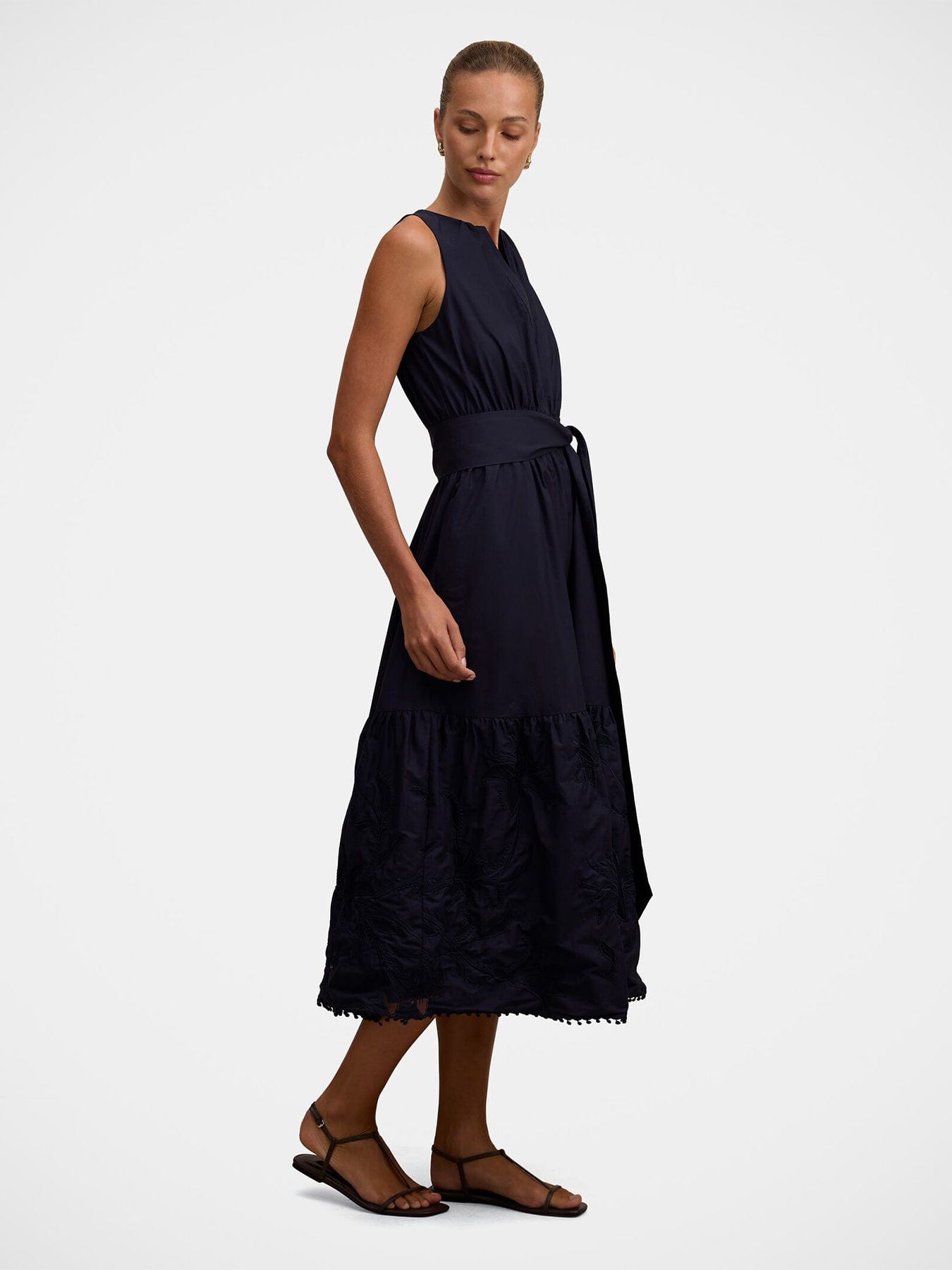 Forever New Evie Sleeveless Embroidered Tie Midi Dress Blue