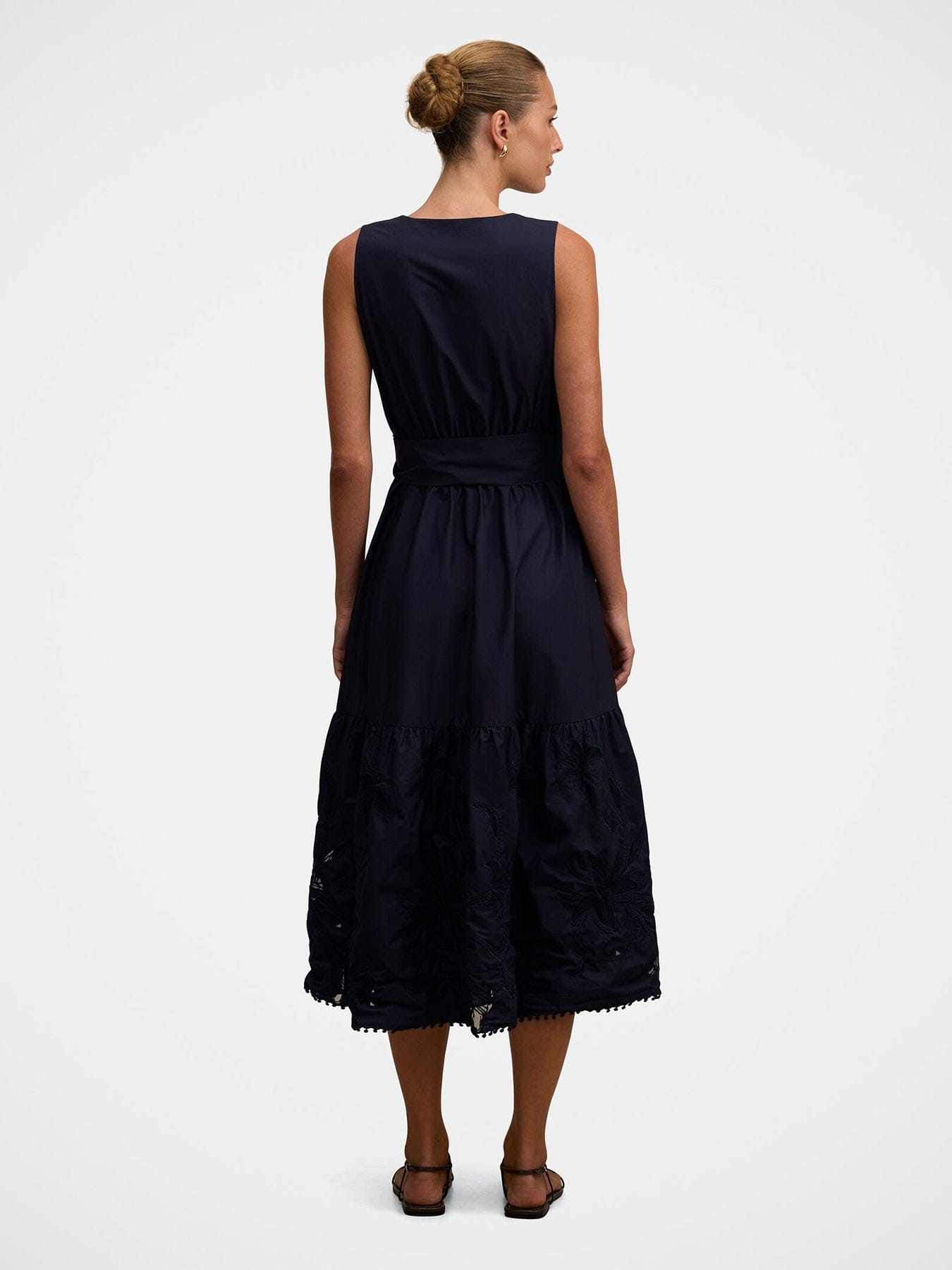 Forever New Evie Sleeveless Embroidered Tie Midi Dress Blue