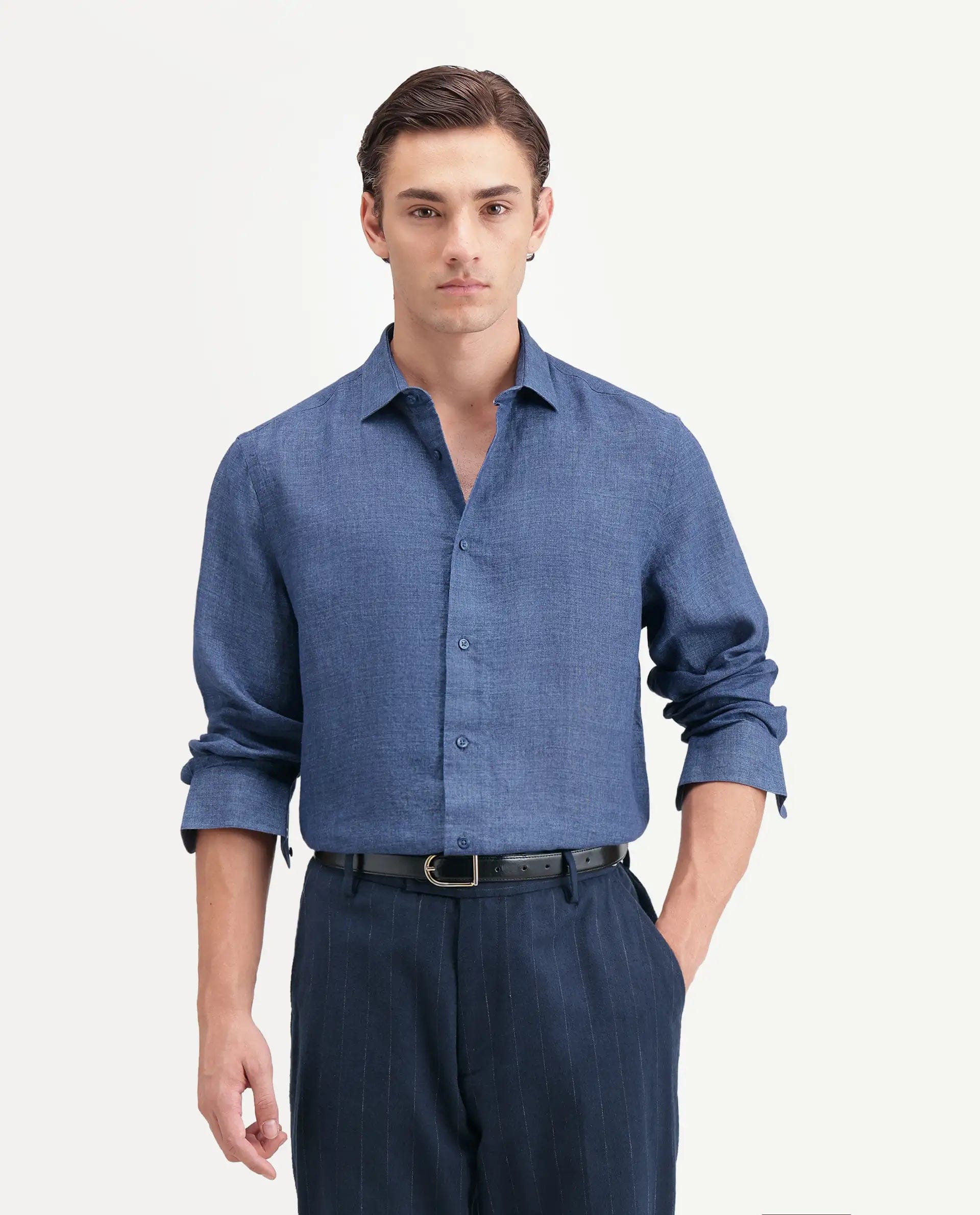 RARE Rabbit Men's Borium Ls - Aw26 Blue 100% Linen Button Regular Fit Shirt