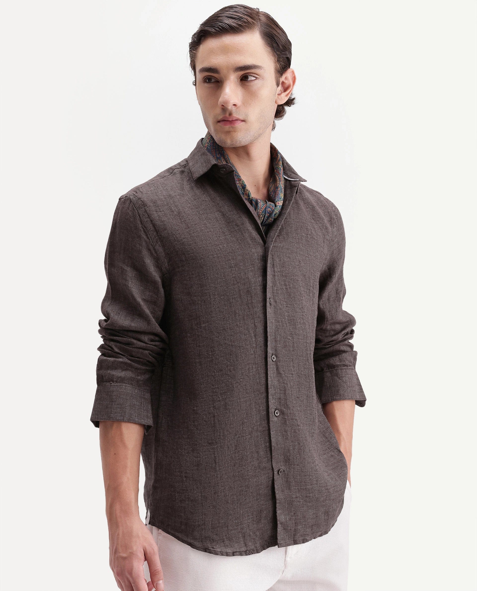 RARE Rabbit Men's Borium Ls - Aw26 Dark Brown 100% Linen Button Regular Fit Shirt