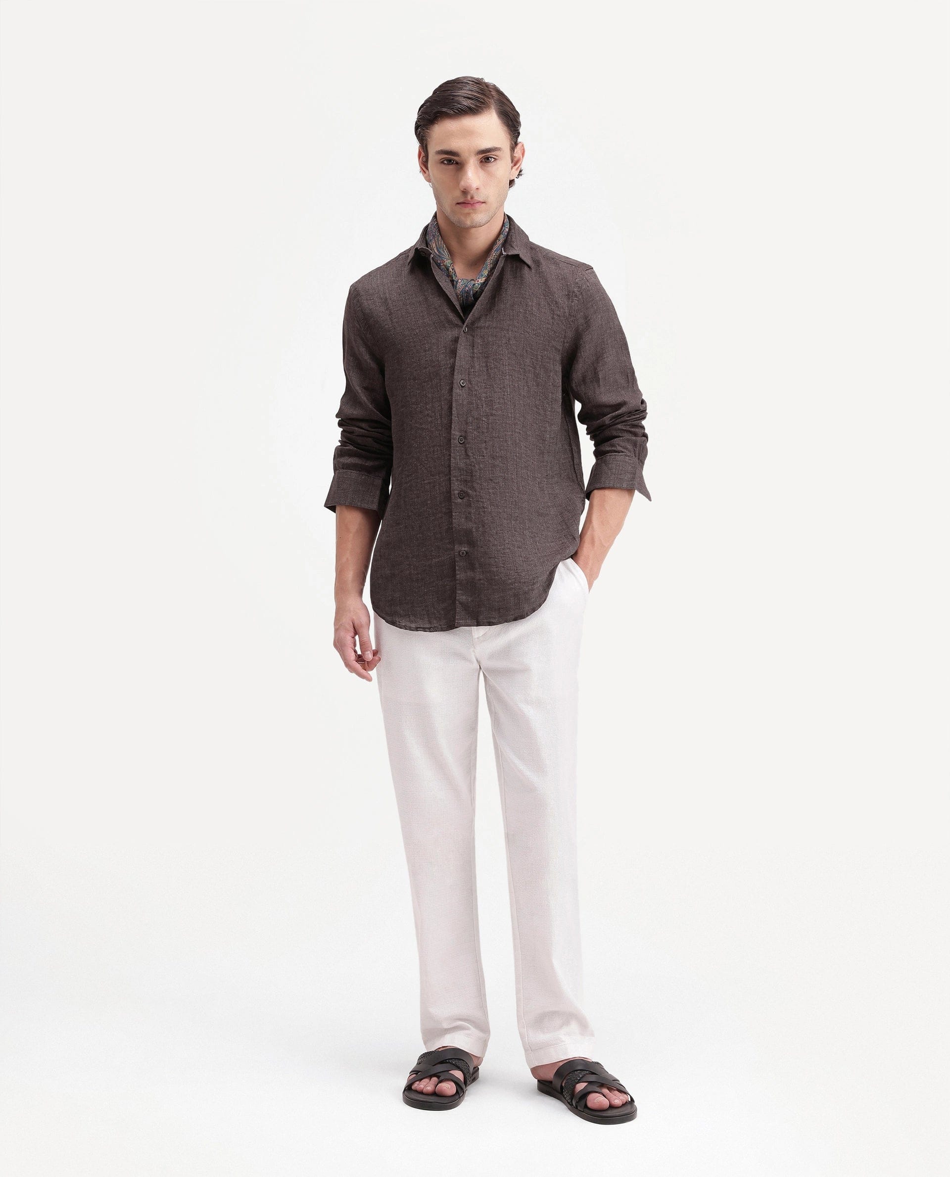 RARE Rabbit Men's Borium Ls - Aw26 Dark Brown 100% Linen Button Regular Fit Shirt