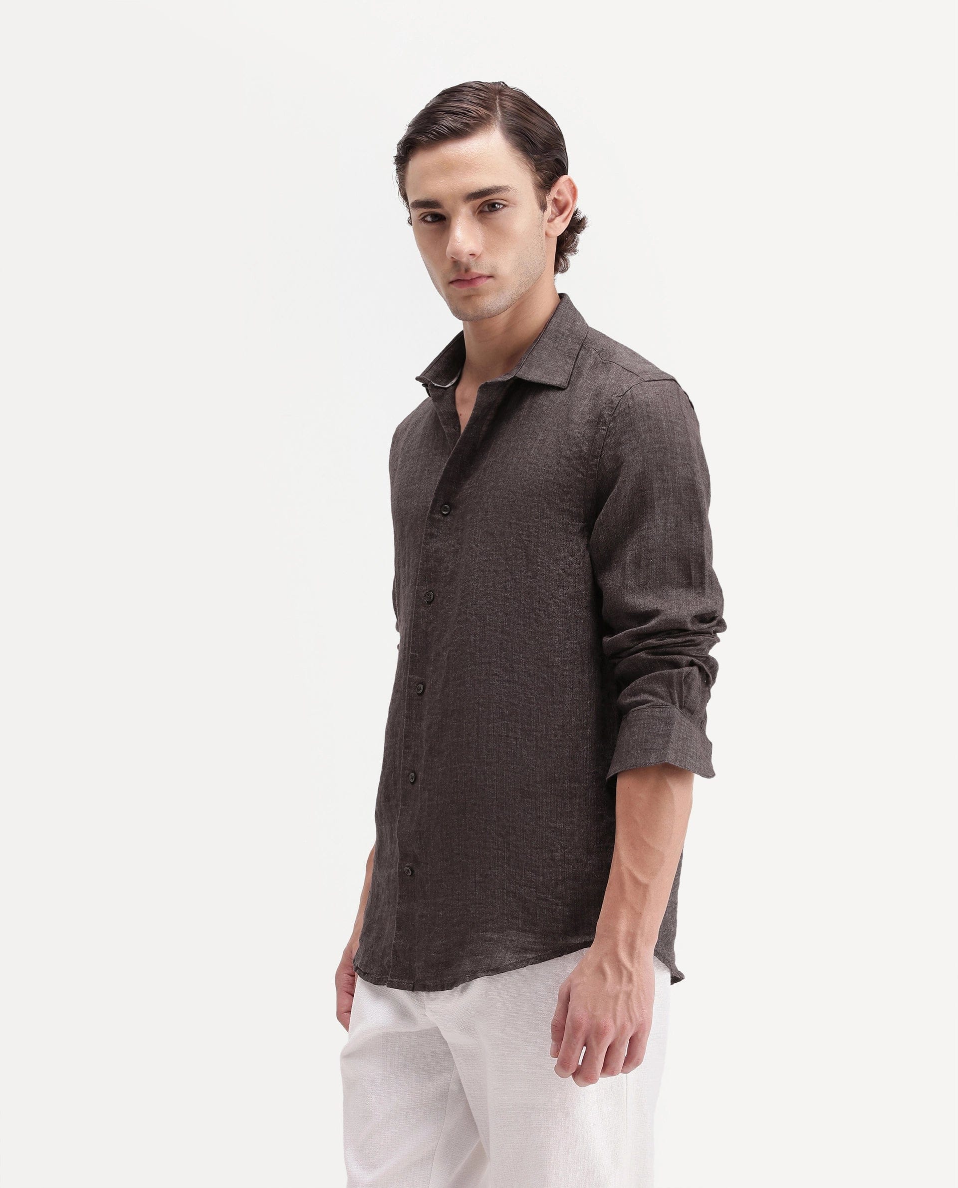 RARE Rabbit Men's Borium Ls - Aw26 Dark Brown 100% Linen Button Regular Fit Shirt