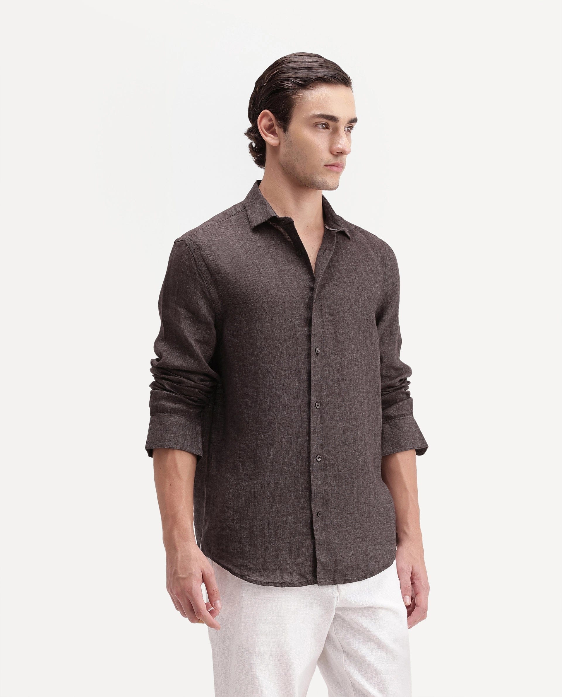 RARE Rabbit Men's Borium Ls - Aw26 Dark Brown 100% Linen Button Regular Fit Shirt
