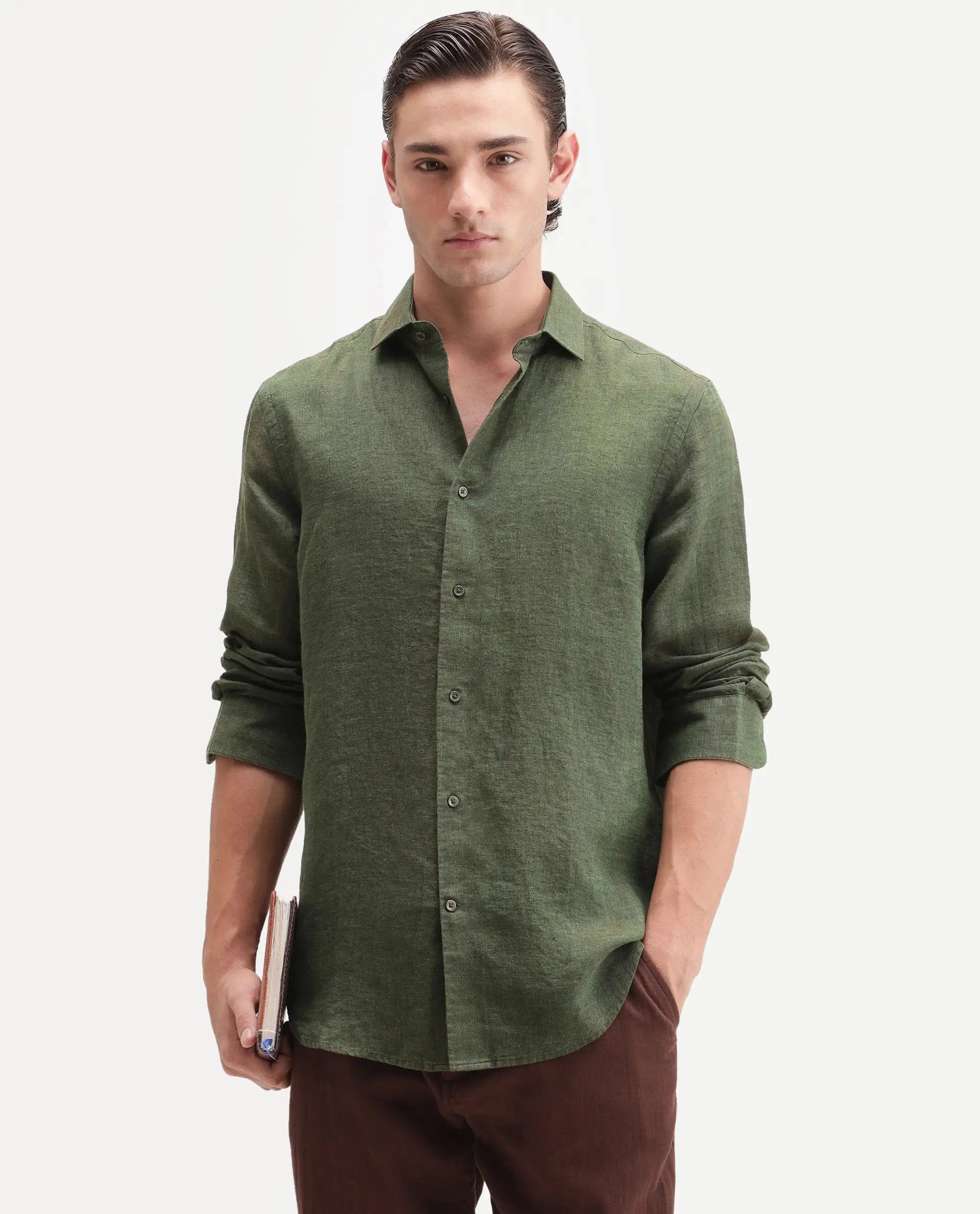 RARE Rabbit Men's Borium Ls - Aw26 Dark Green 100% Linen Button Regular Fit Shirt