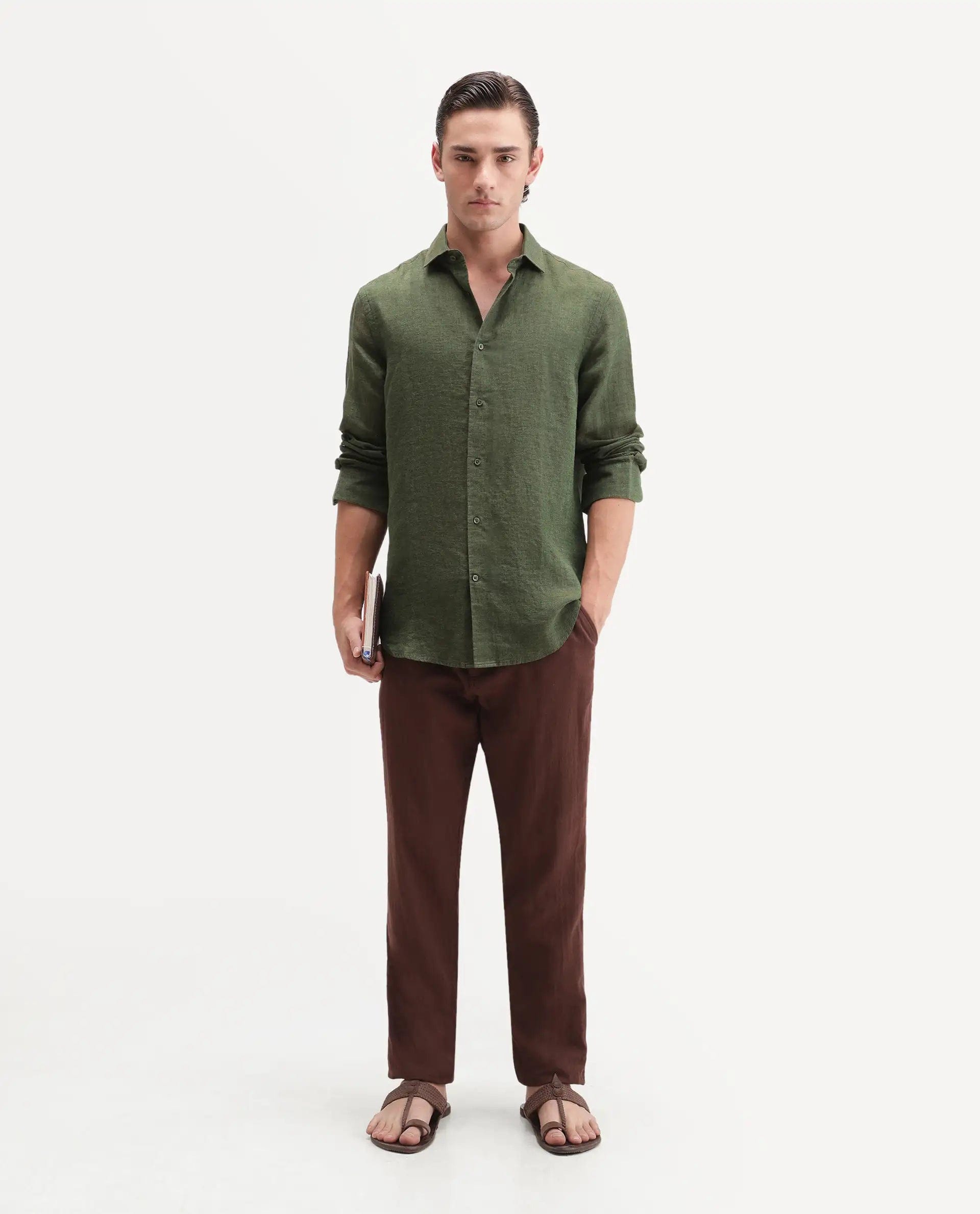 RARE Rabbit Men's Borium Ls - Aw26 Dark Green 100% Linen Button Regular Fit Shirt
