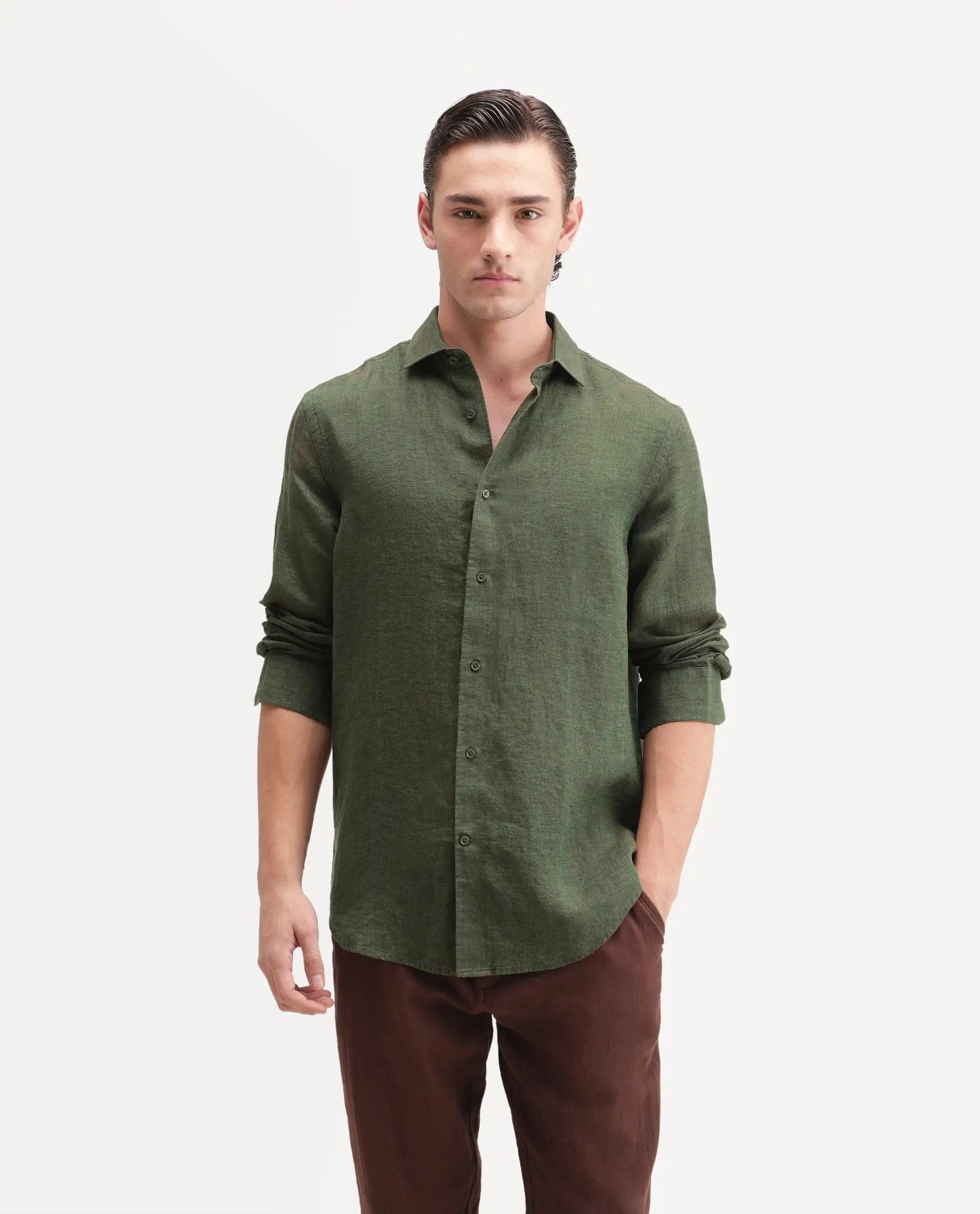 RARE Rabbit Men's Borium Ls - Aw26 Dark Green 100% Linen Button Regular Fit Shirt