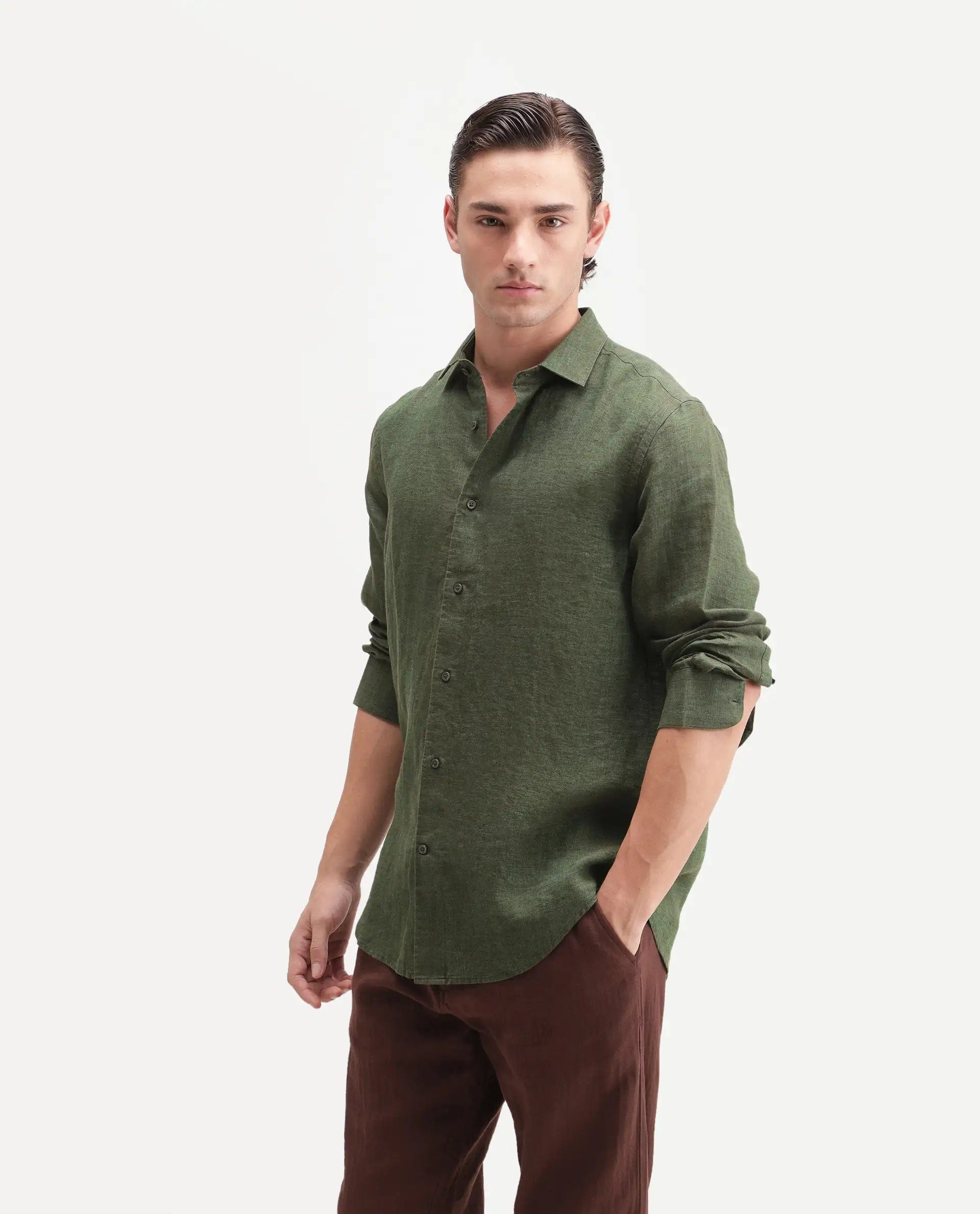 RARE Rabbit Men's Borium Ls - Aw26 Dark Green 100% Linen Button Regular Fit Shirt