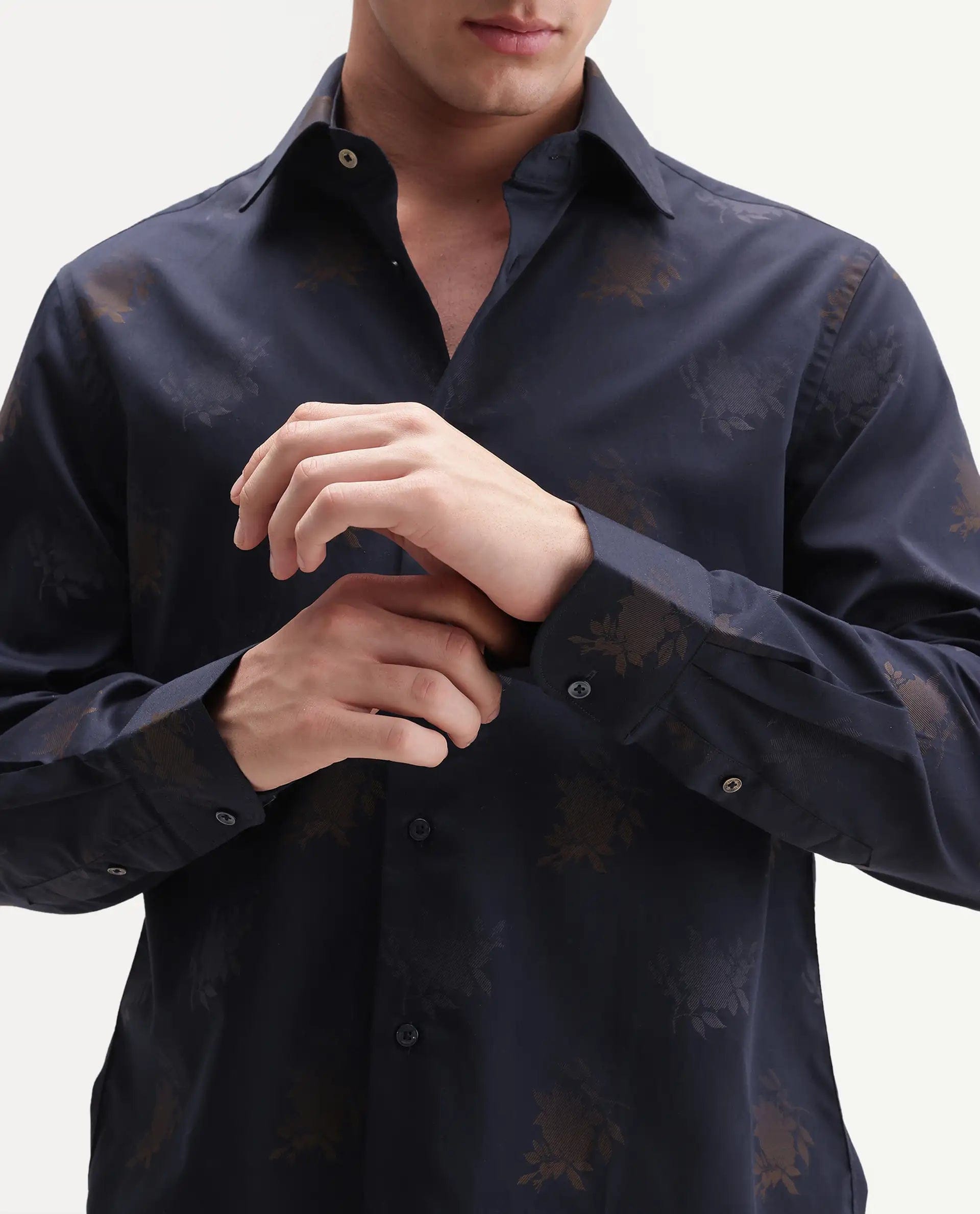 RARE Rabbit Men's Tremont Navy Cotton Button Regular Fit Jacquard Shirt