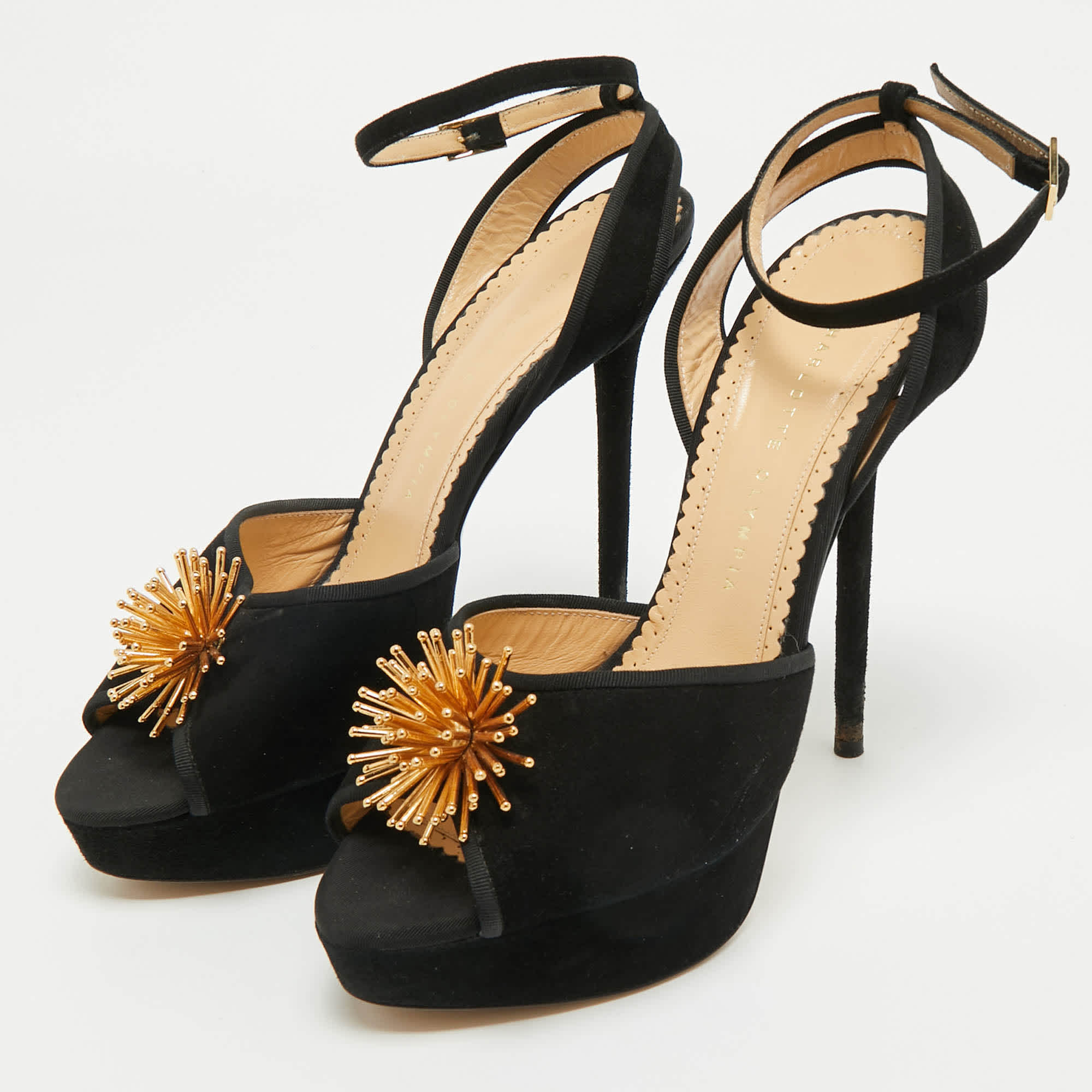 Charlotte Olympia Black Suede Ankle Strap Platform Sandals