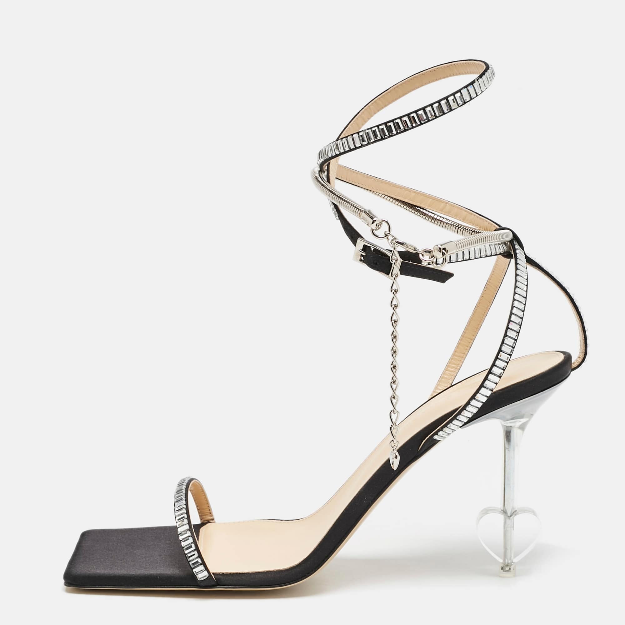 Mach & Mach Black Satin Crystal Embellished Heart Ankle Strap Sandals