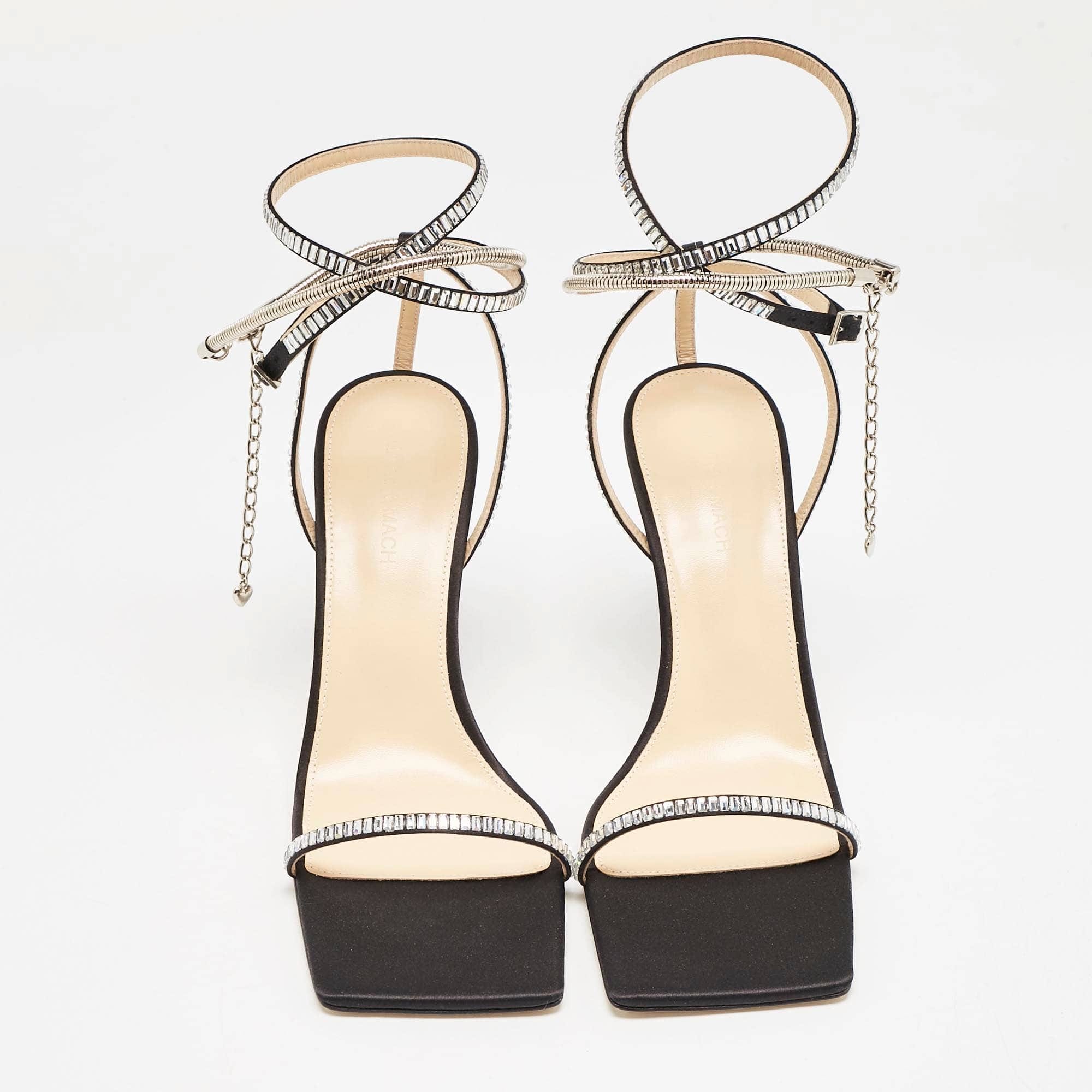 Mach & Mach Black Satin Crystal Embellished Heart Ankle Strap Sandals
