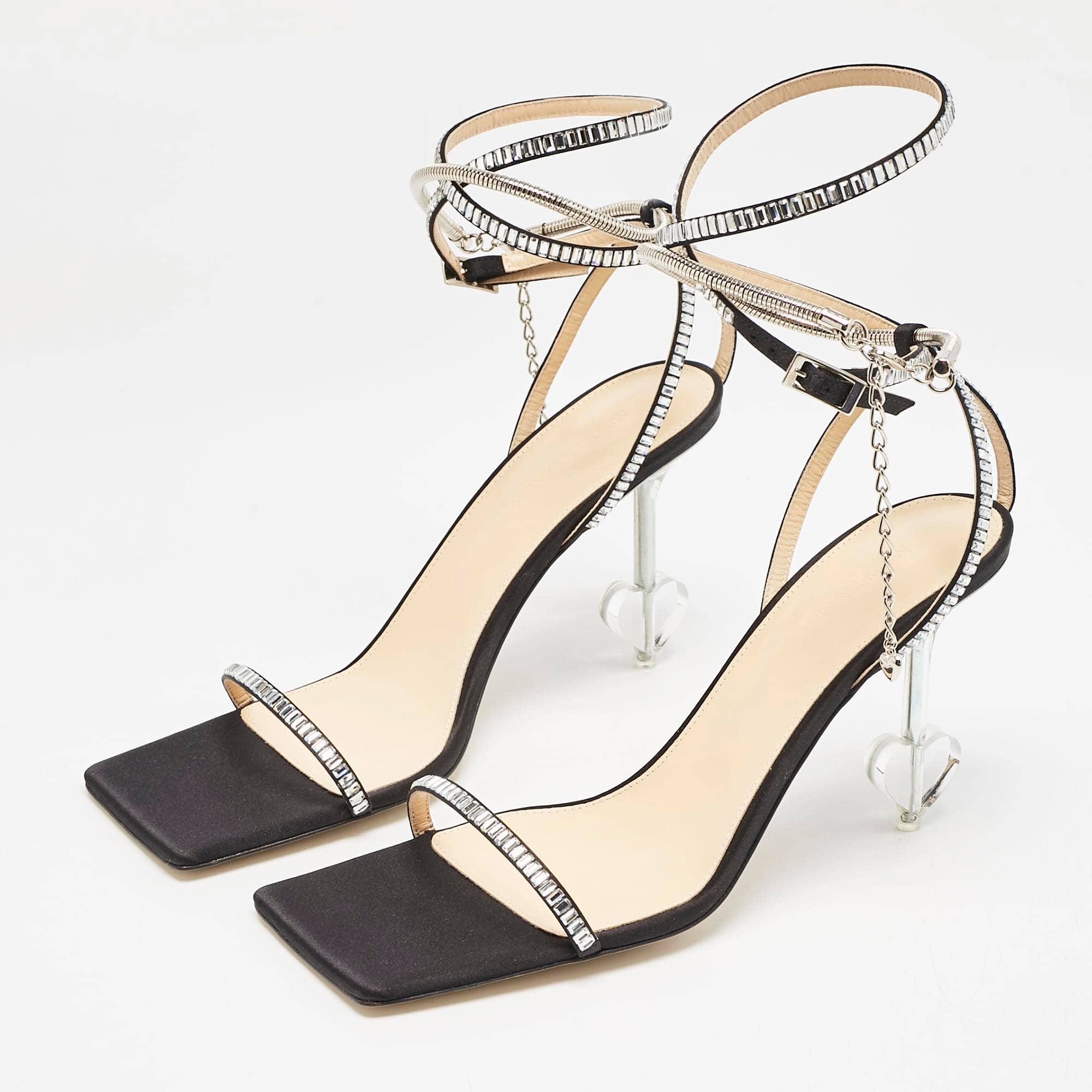 Mach & Mach Black Satin Crystal Embellished Heart Ankle Strap Sandals