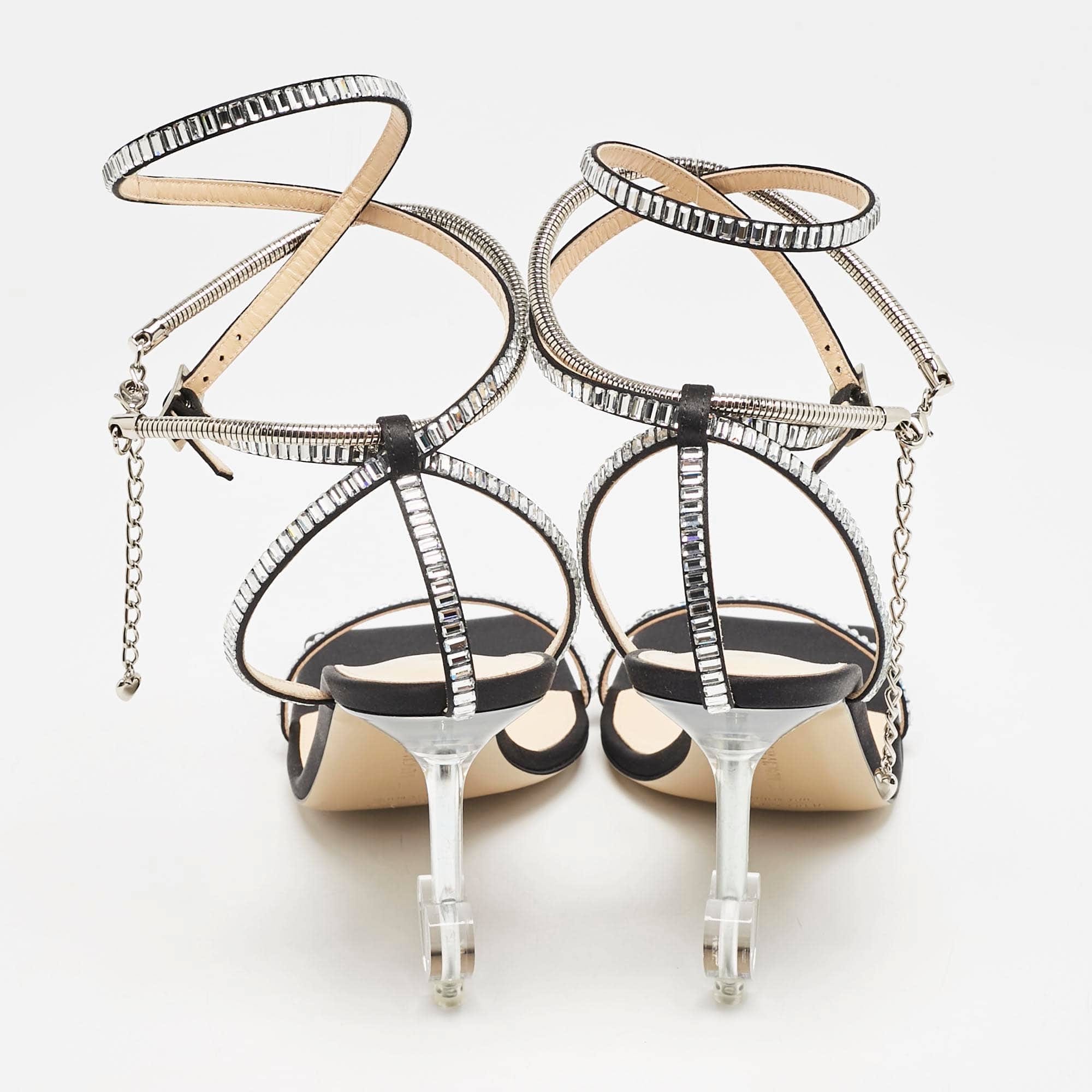 Mach & Mach Black Satin Crystal Embellished Heart Ankle Strap Sandals