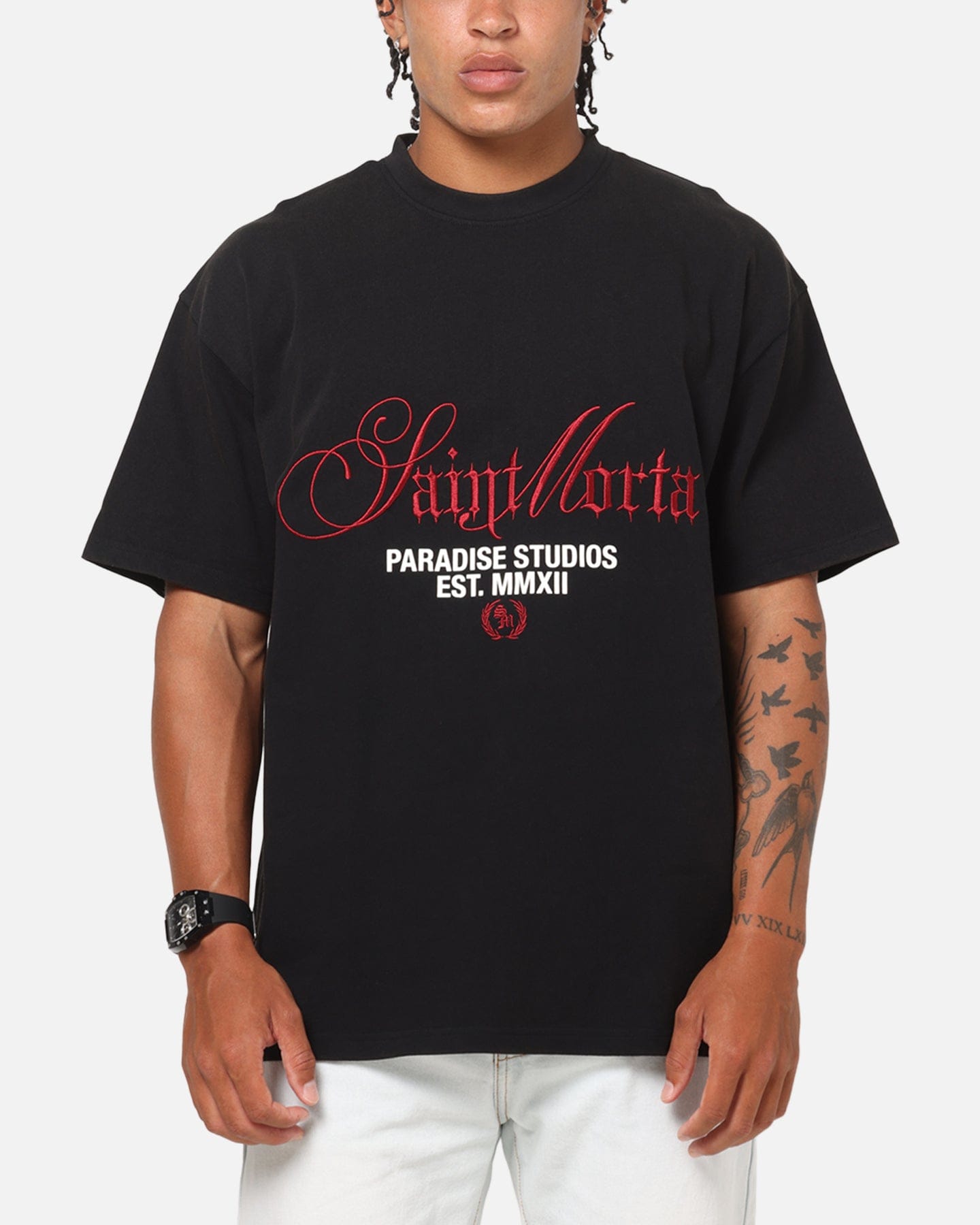 Saint Morta Regal Scripture Boxy T - Shirt Black Acidwash