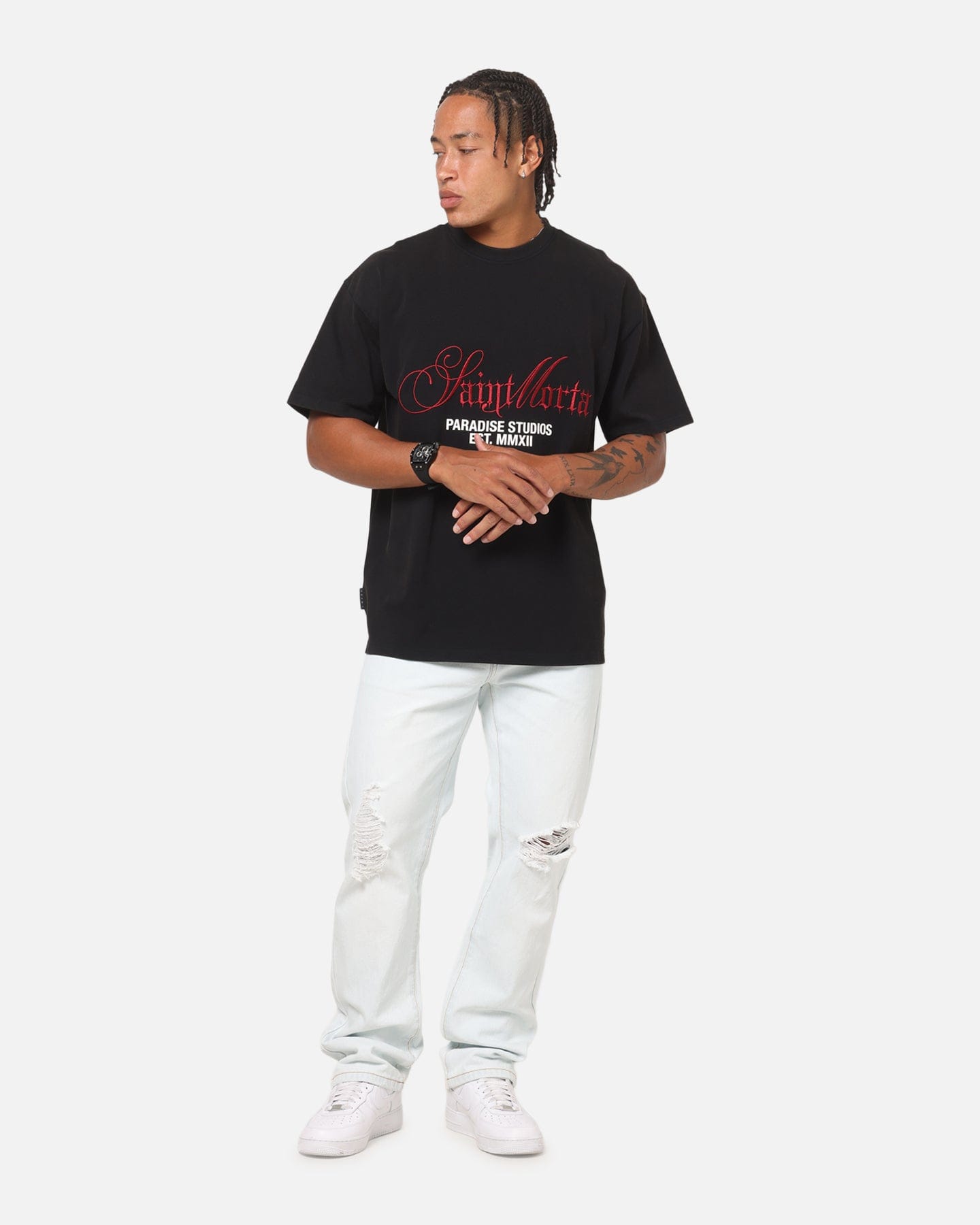 Saint Morta Regal Scripture Boxy T - Shirt Black Acidwash