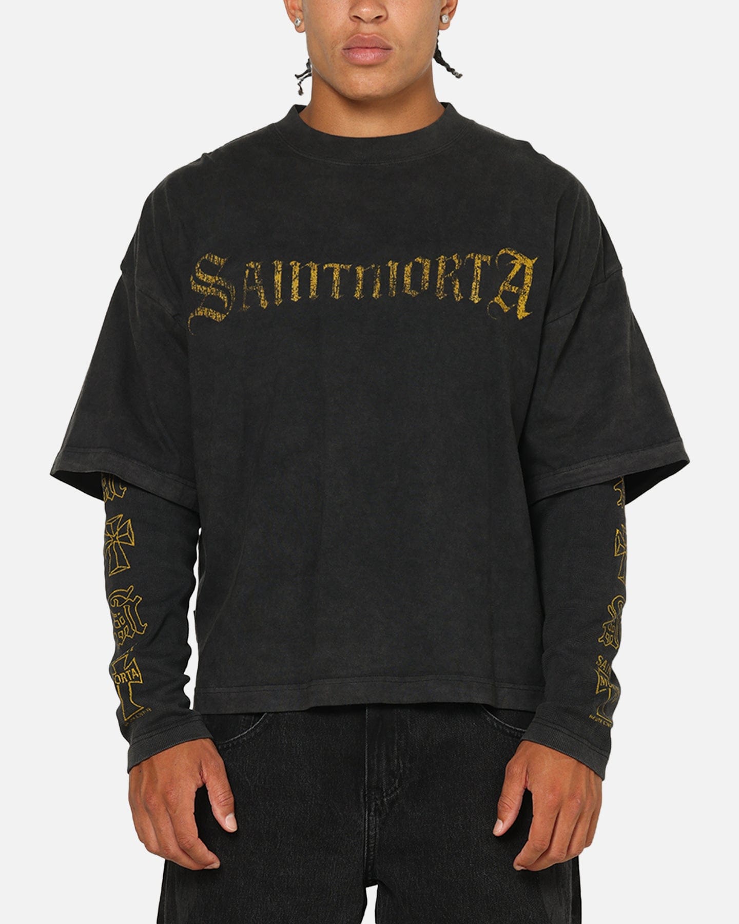 Saint Morta Scripture Long Sleeve Layered T - Shirt Vintage Black
