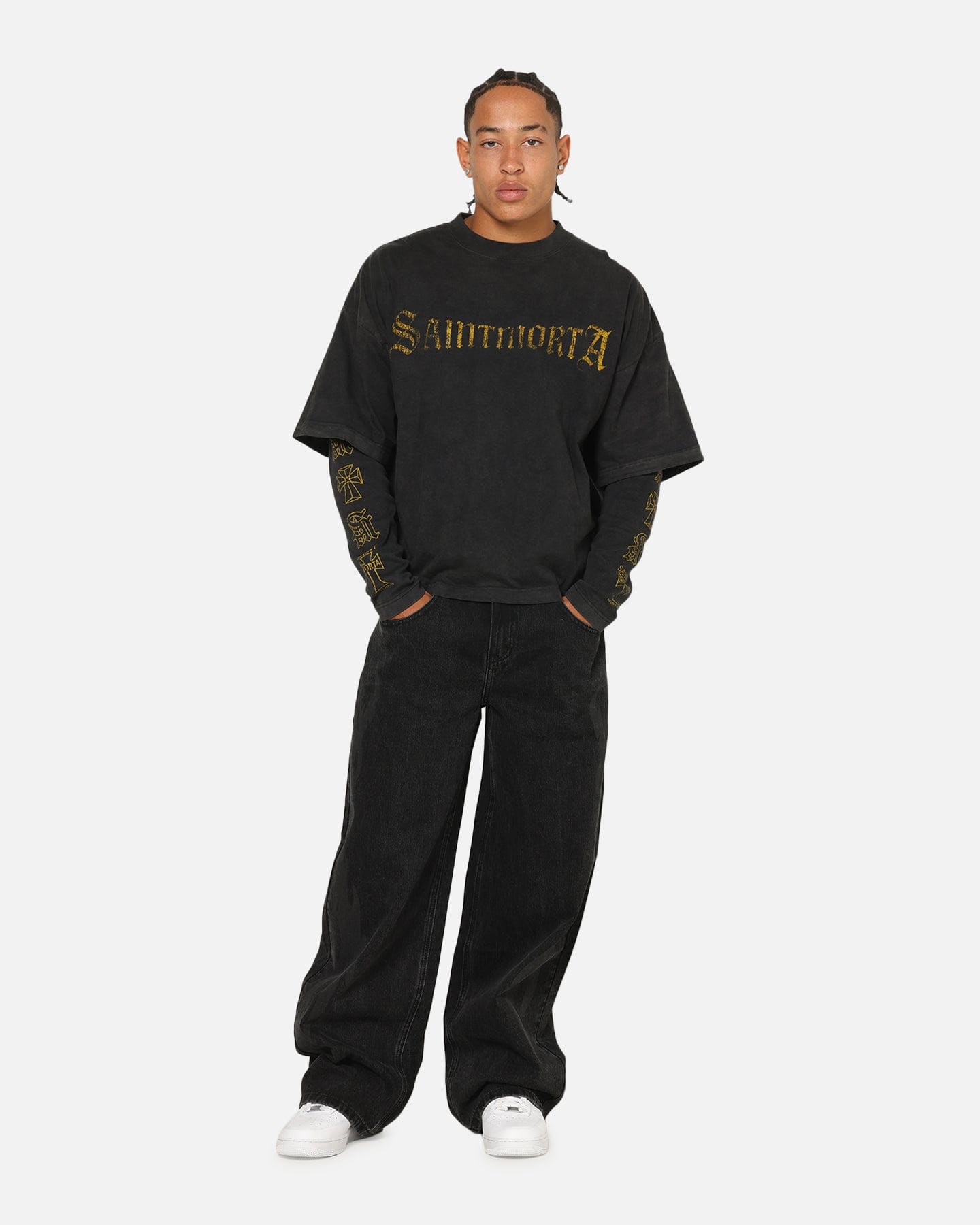 Saint Morta Scripture Long Sleeve Layered T - Shirt Vintage Black