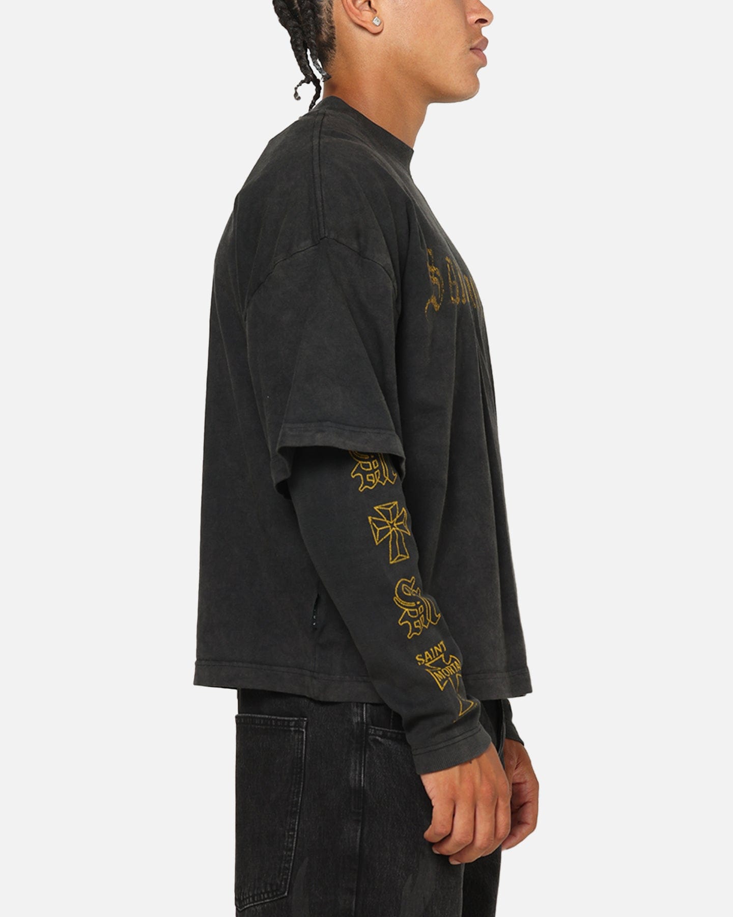 Saint Morta Scripture Long Sleeve Layered T - Shirt Vintage Black
