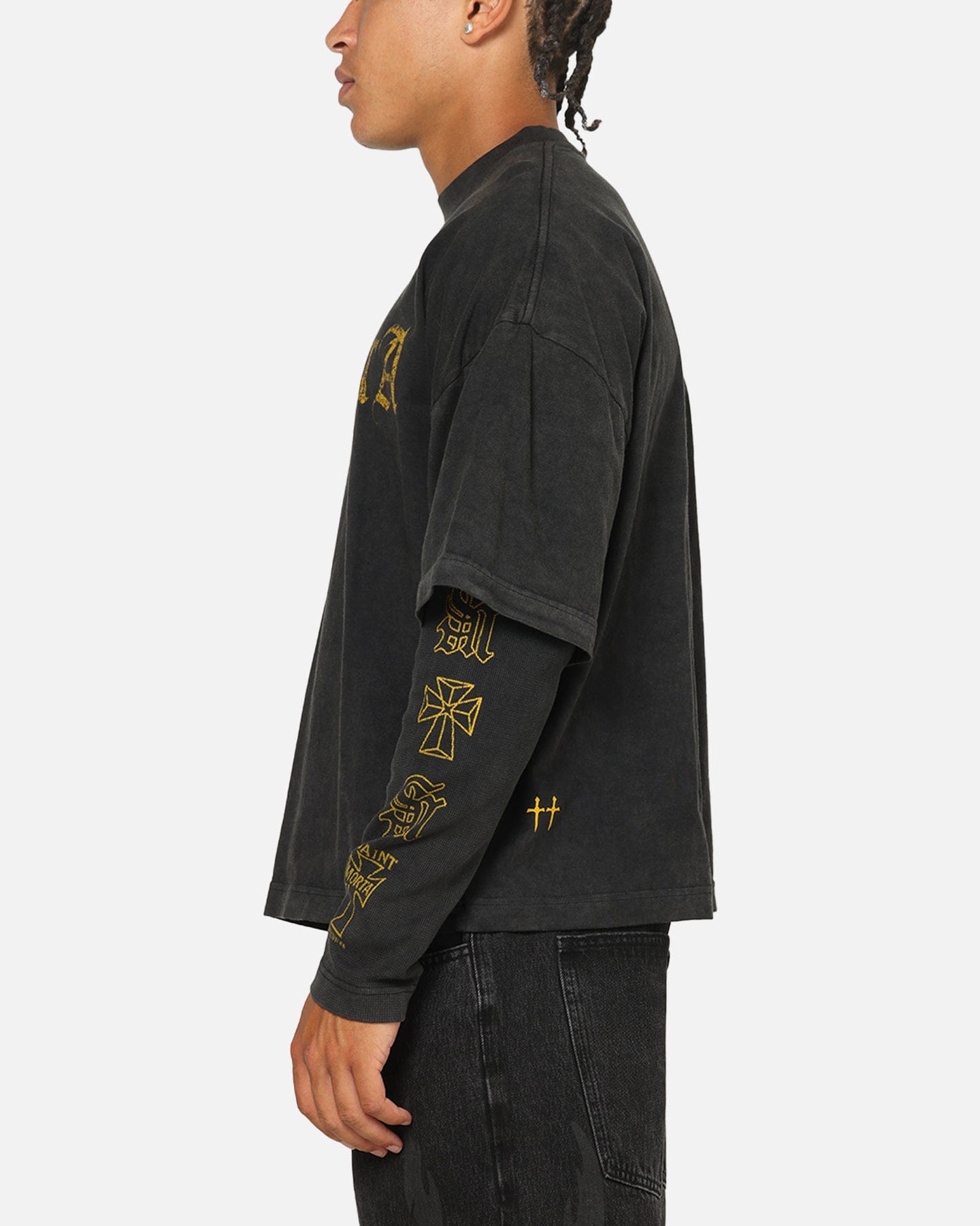 Saint Morta Scripture Long Sleeve Layered T - Shirt Vintage Black