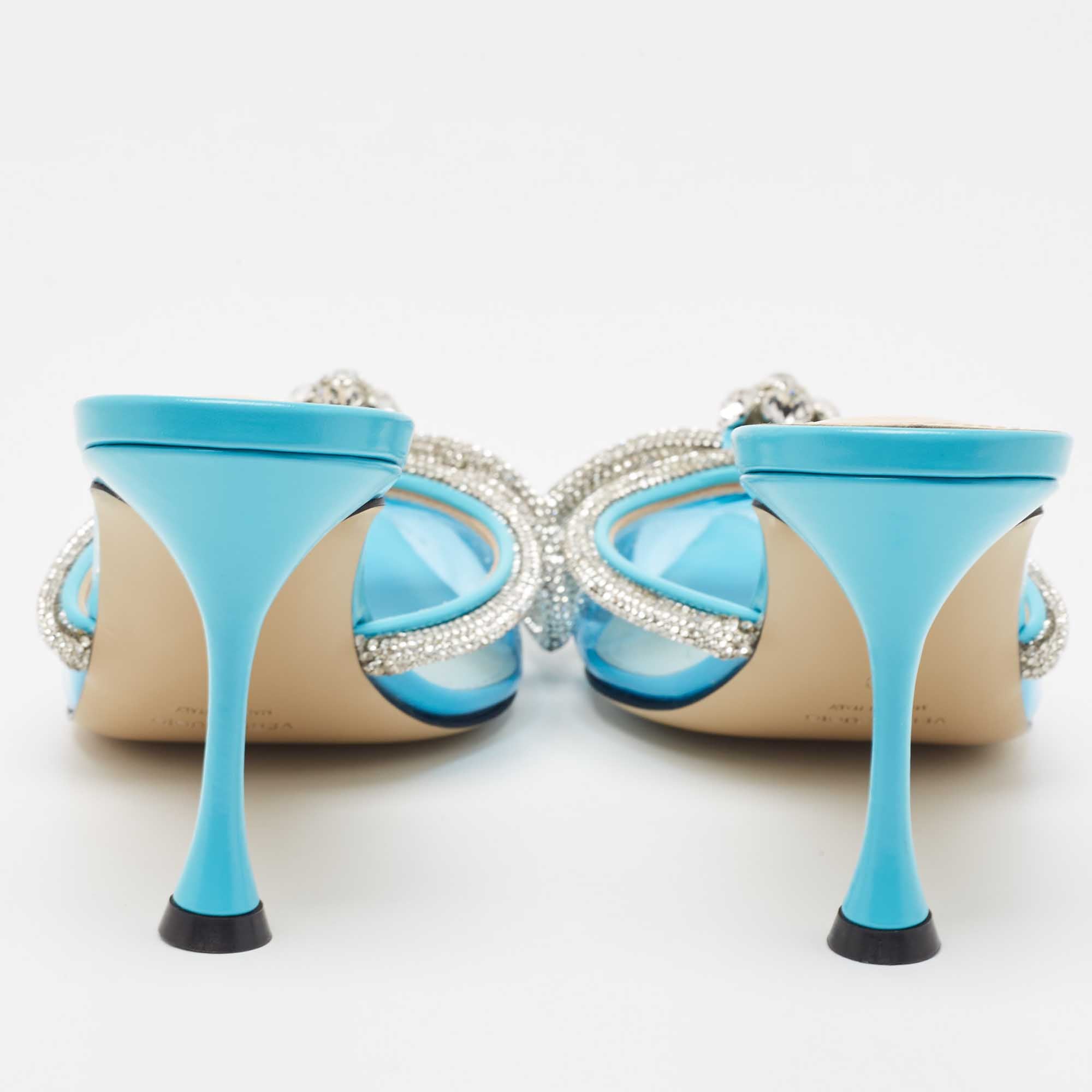 Mach & Mach Blue Pvc Crystal Embellished Double Bow Mules
