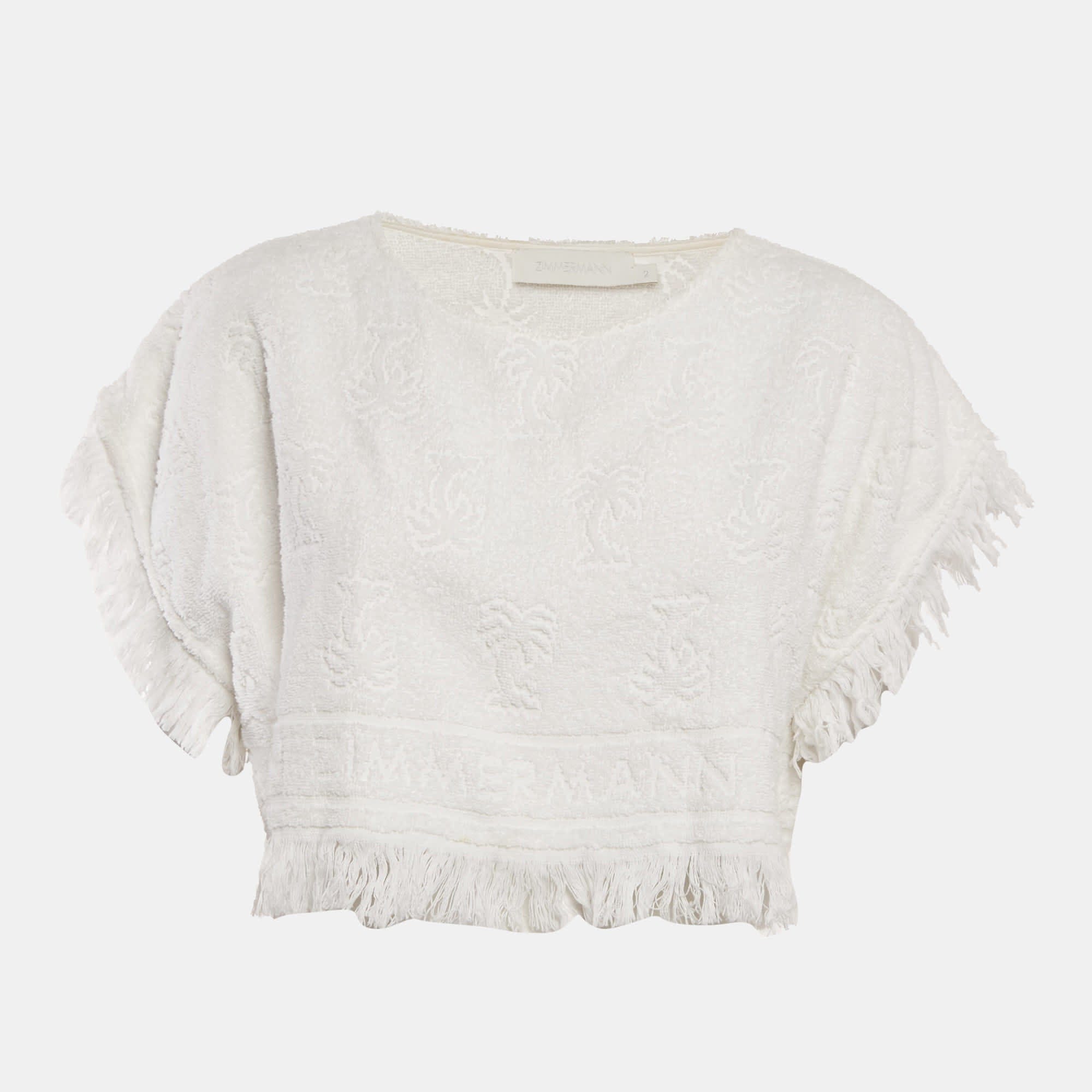 White Palm Tree Terry Cotton Fringed Crop Top