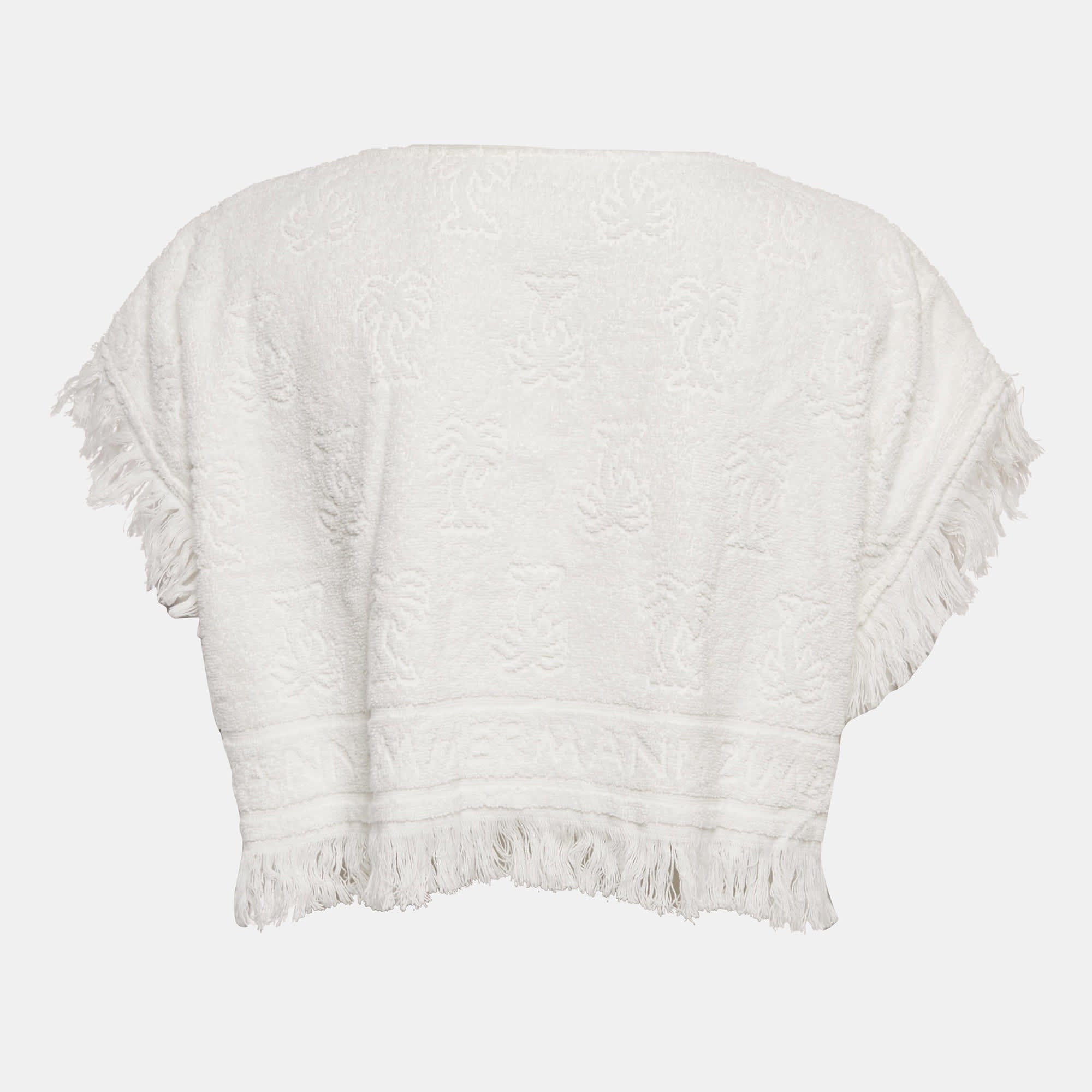White Palm Tree Terry Cotton Fringed Crop Top