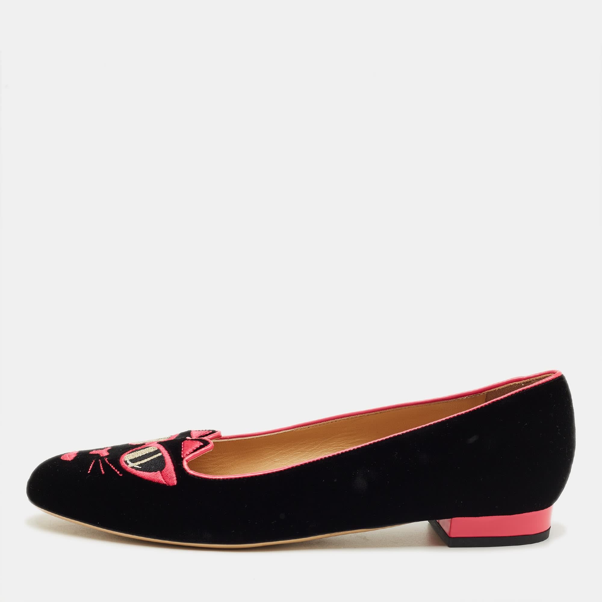 Charlotte Olympia Black/pink Velvet Kitty Ballet Flats