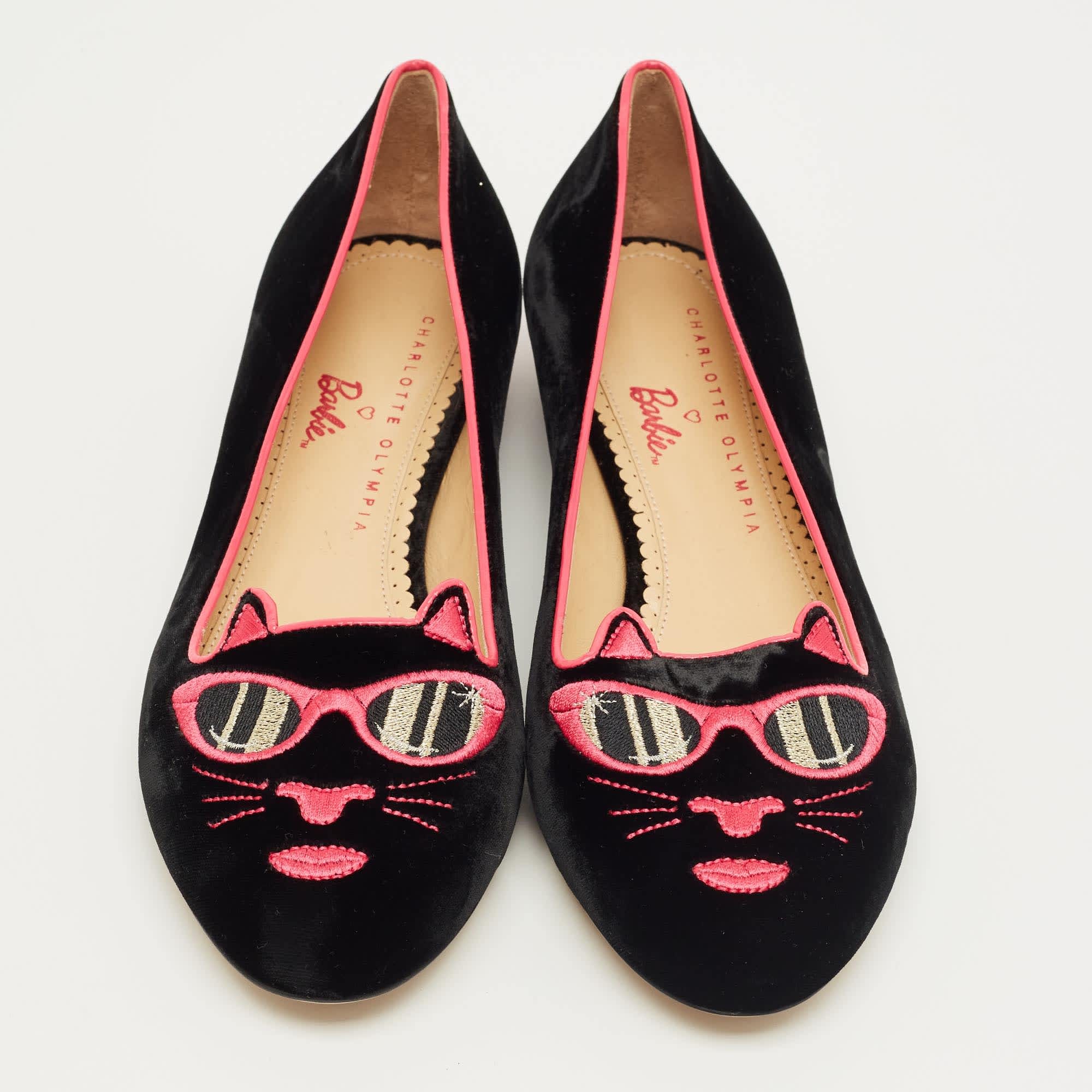 Charlotte Olympia Black/pink Velvet Kitty Ballet Flats