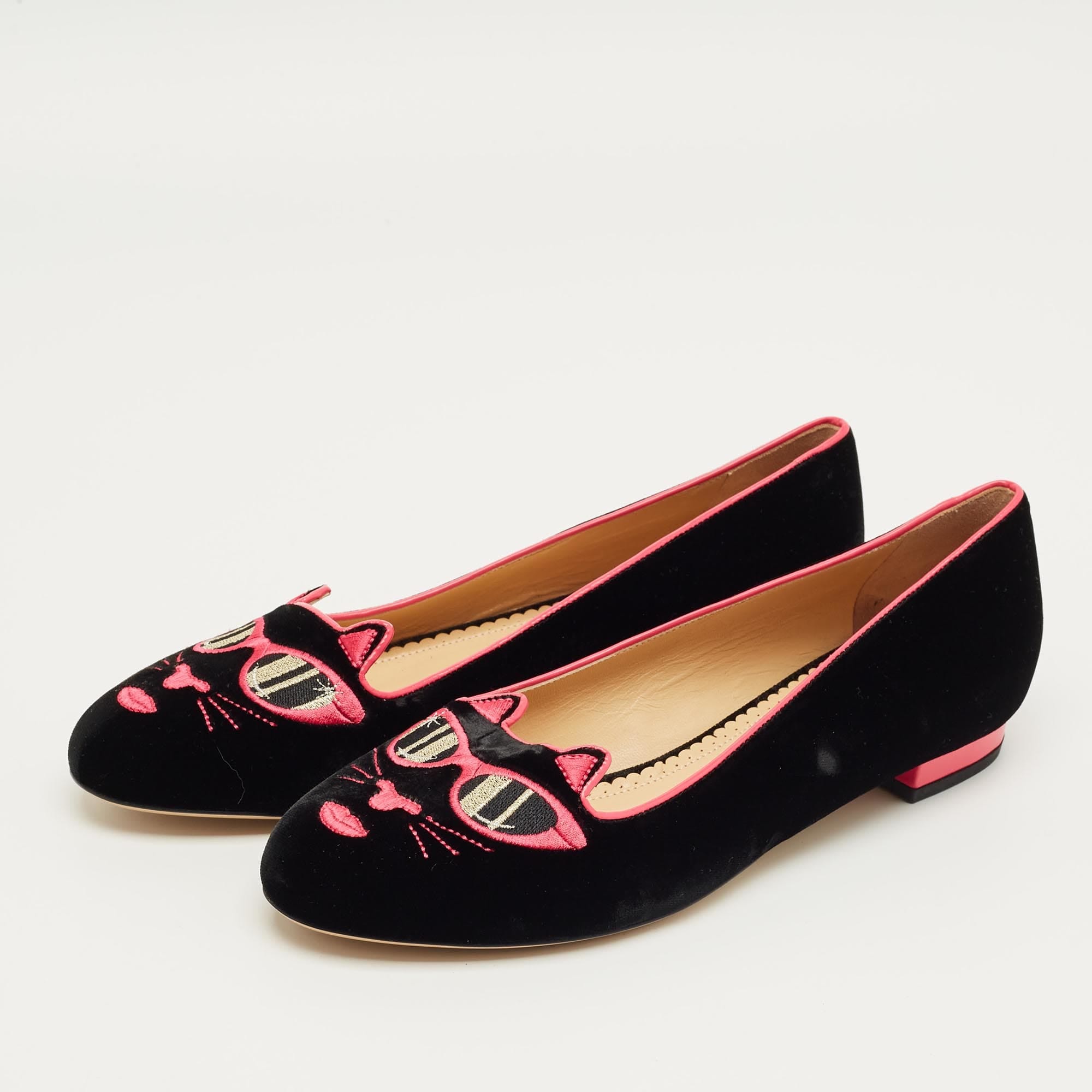 Charlotte Olympia Black/pink Velvet Kitty Ballet Flats