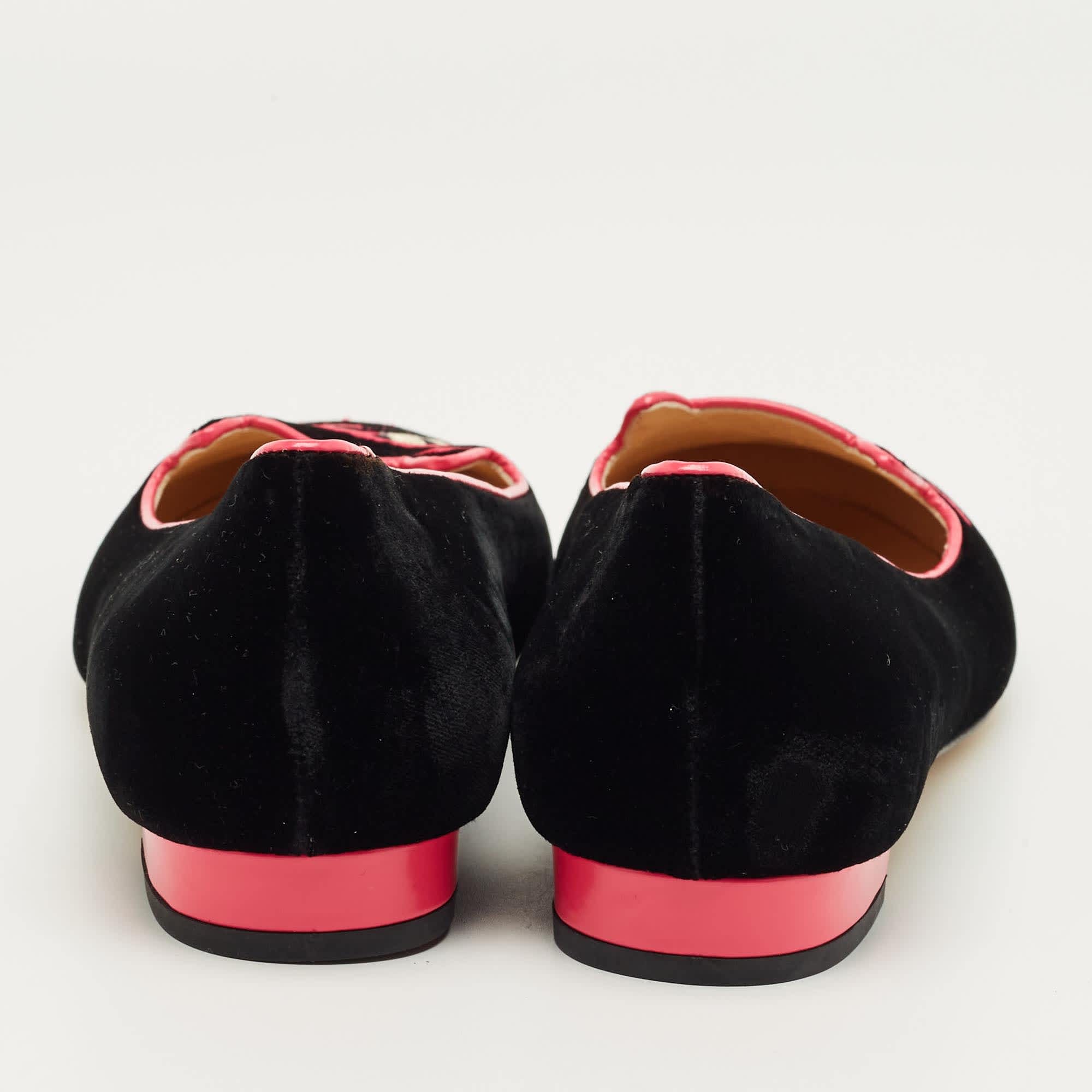 Charlotte Olympia Black/pink Velvet Kitty Ballet Flats